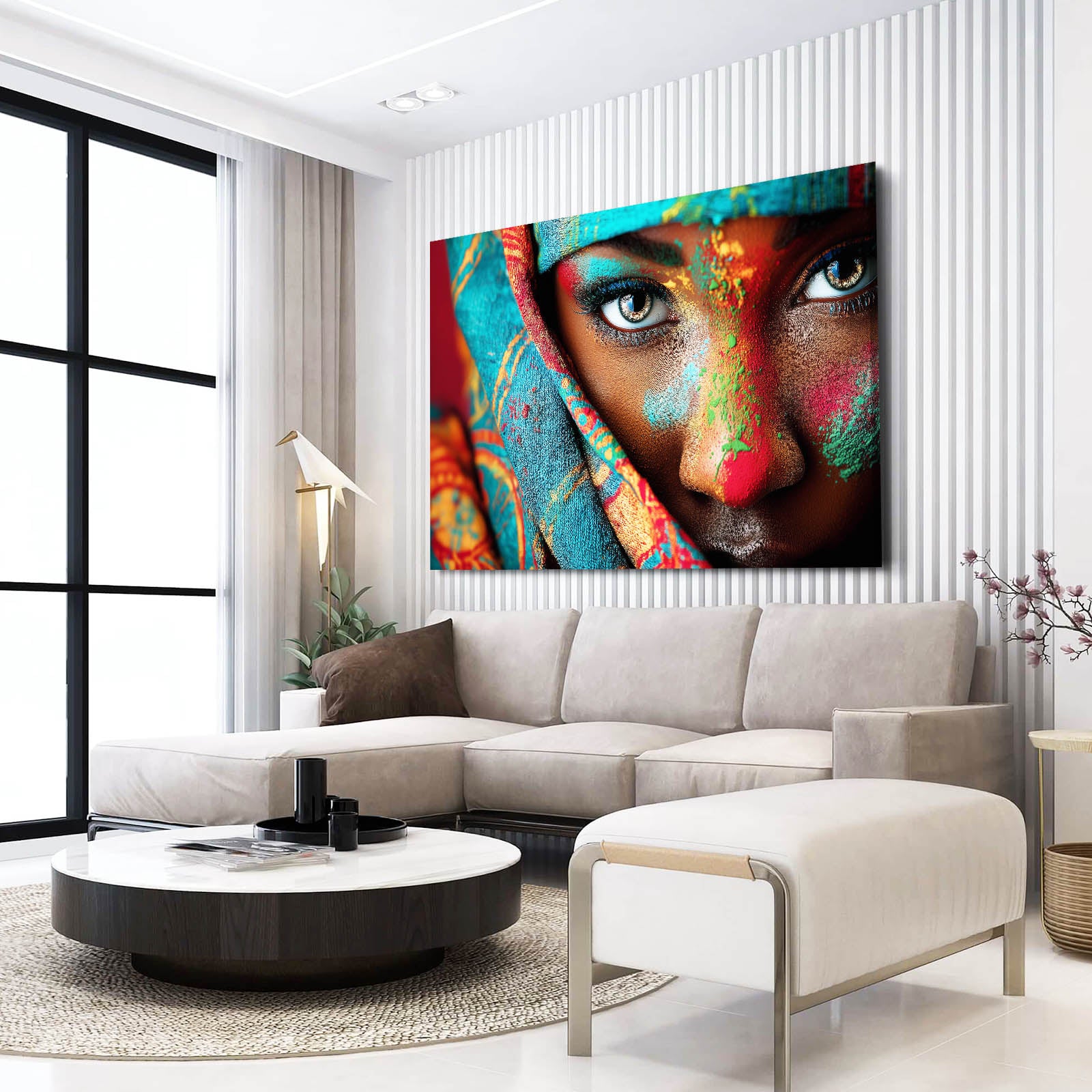 Colorful Paint Face Portrait Photography Prints – styled in a furnished interior