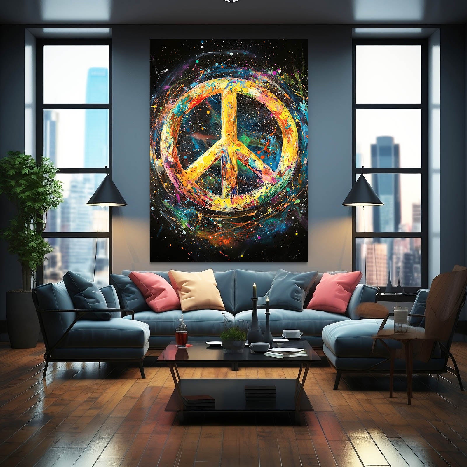 Colorful Peace Sign Canvas – styled in a furnished interior