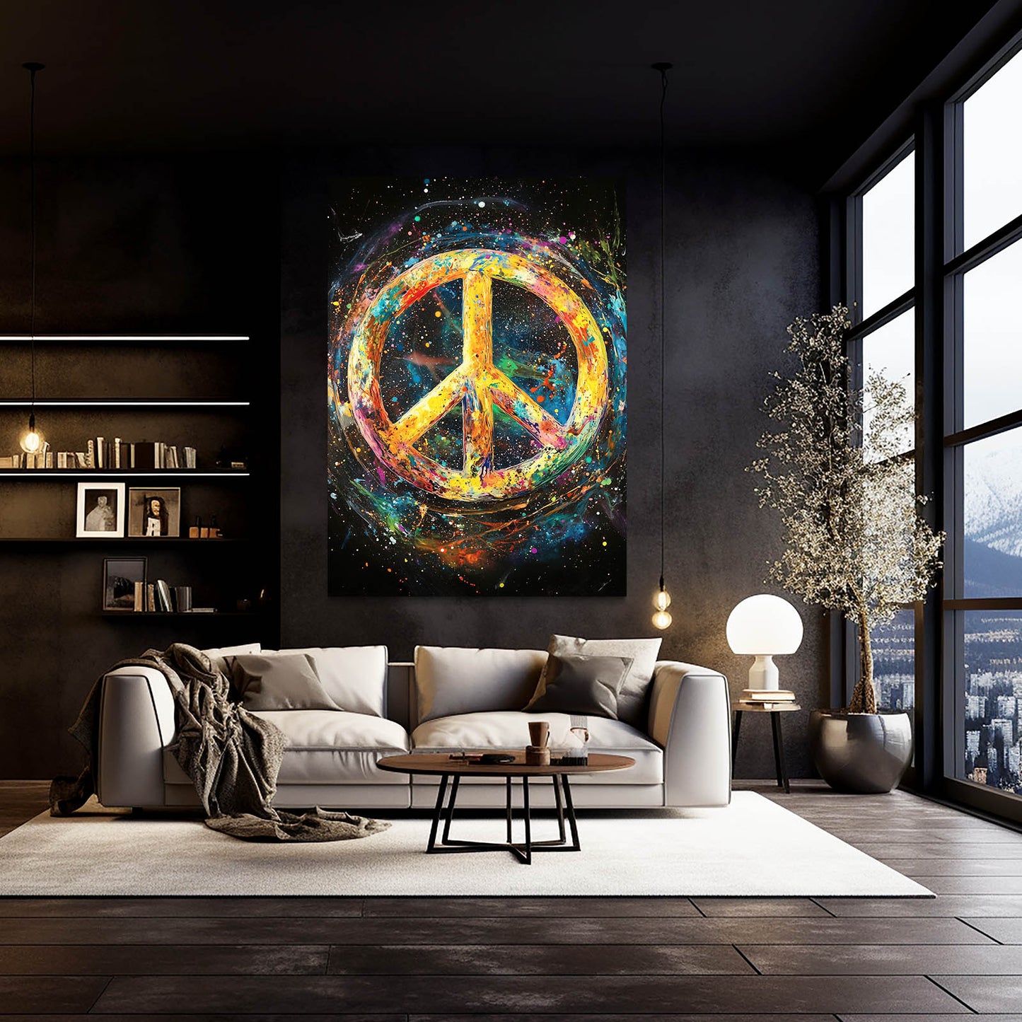 Colorful Peace Sign Canvas – styled in a furnished interior