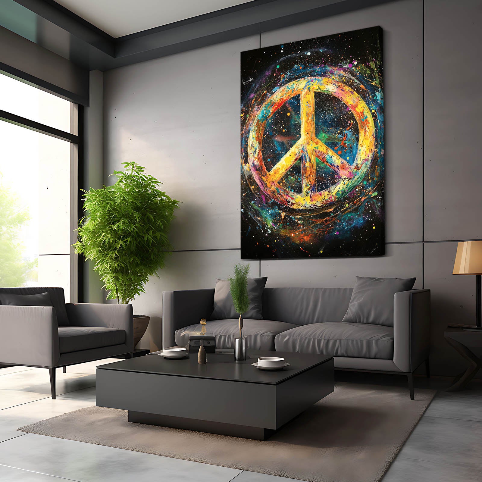 Colorful Peace Sign Canvas – styled in a furnished interior