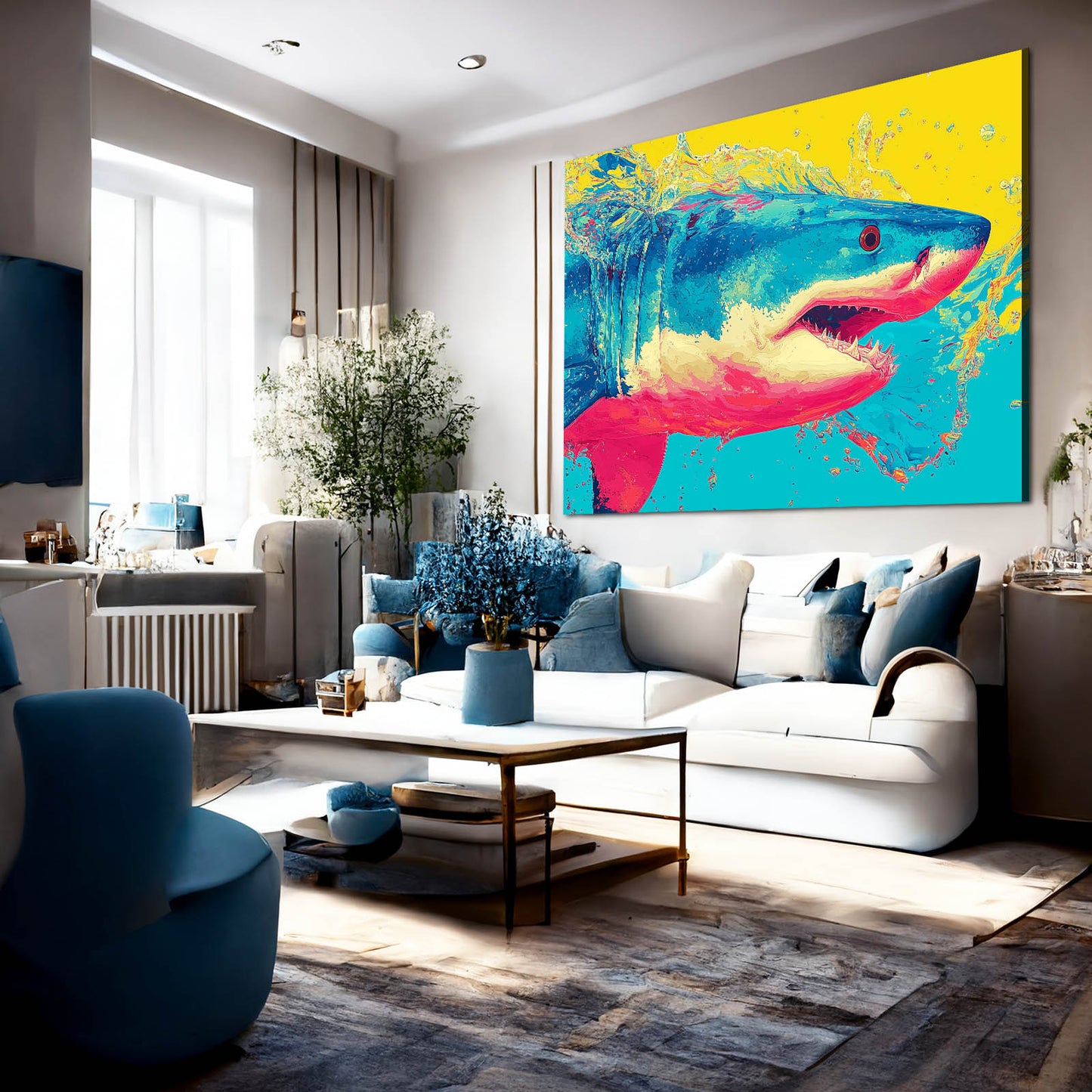 Colorful Pop Art Shark Prints – styled in a furnished interior