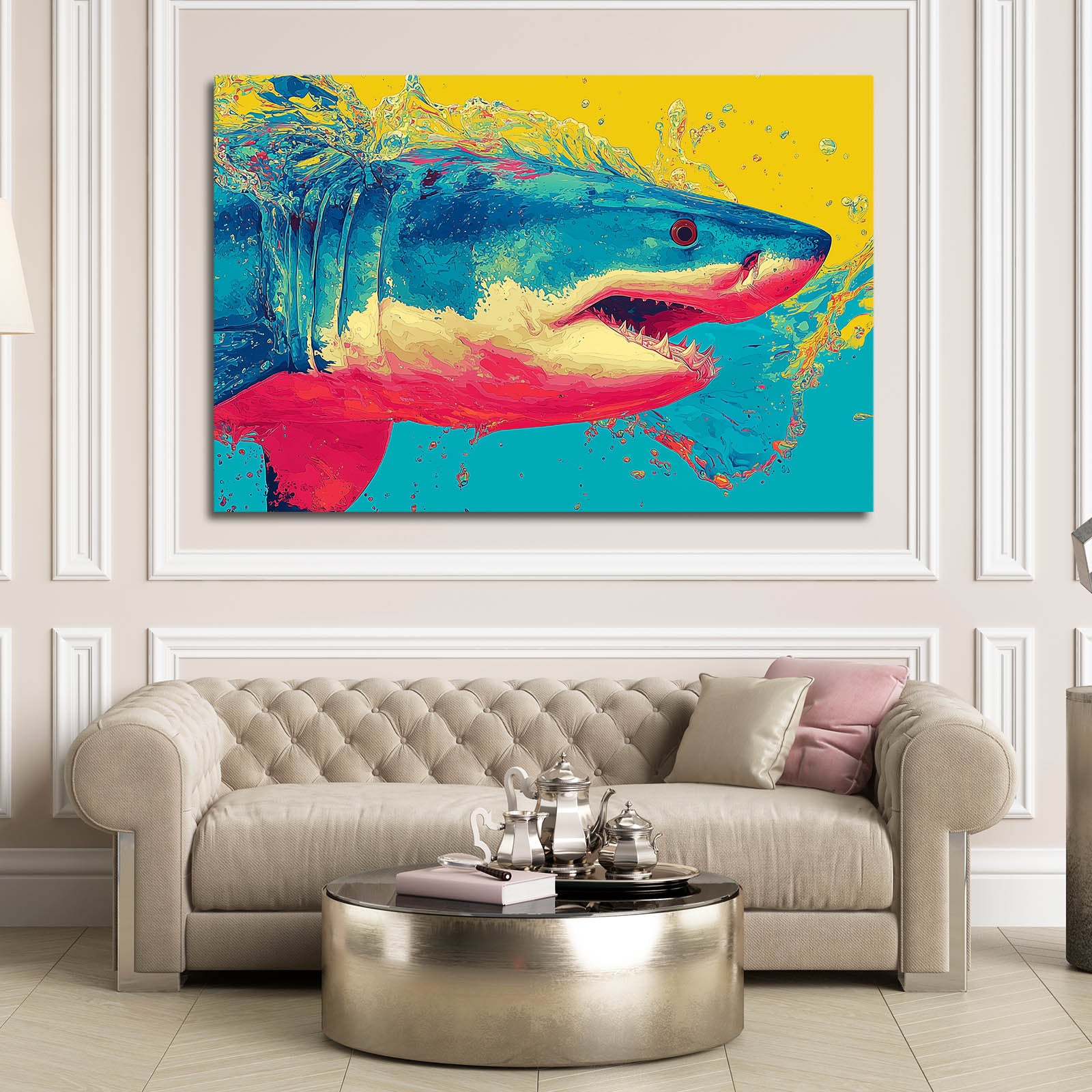Colorful Pop Art Shark Prints – styled in a furnished interior