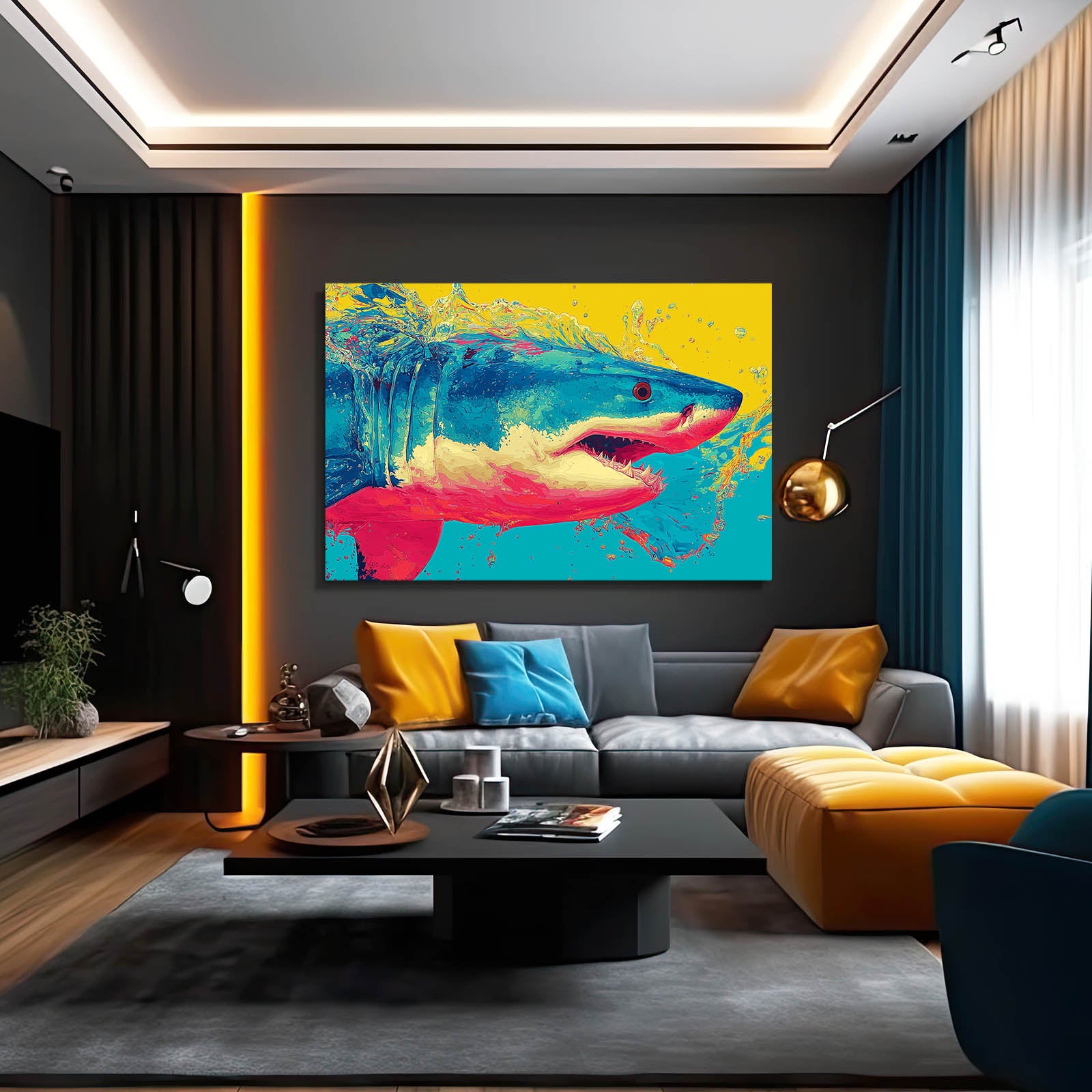 Colorful Pop Art Shark Prints – styled in a furnished interior