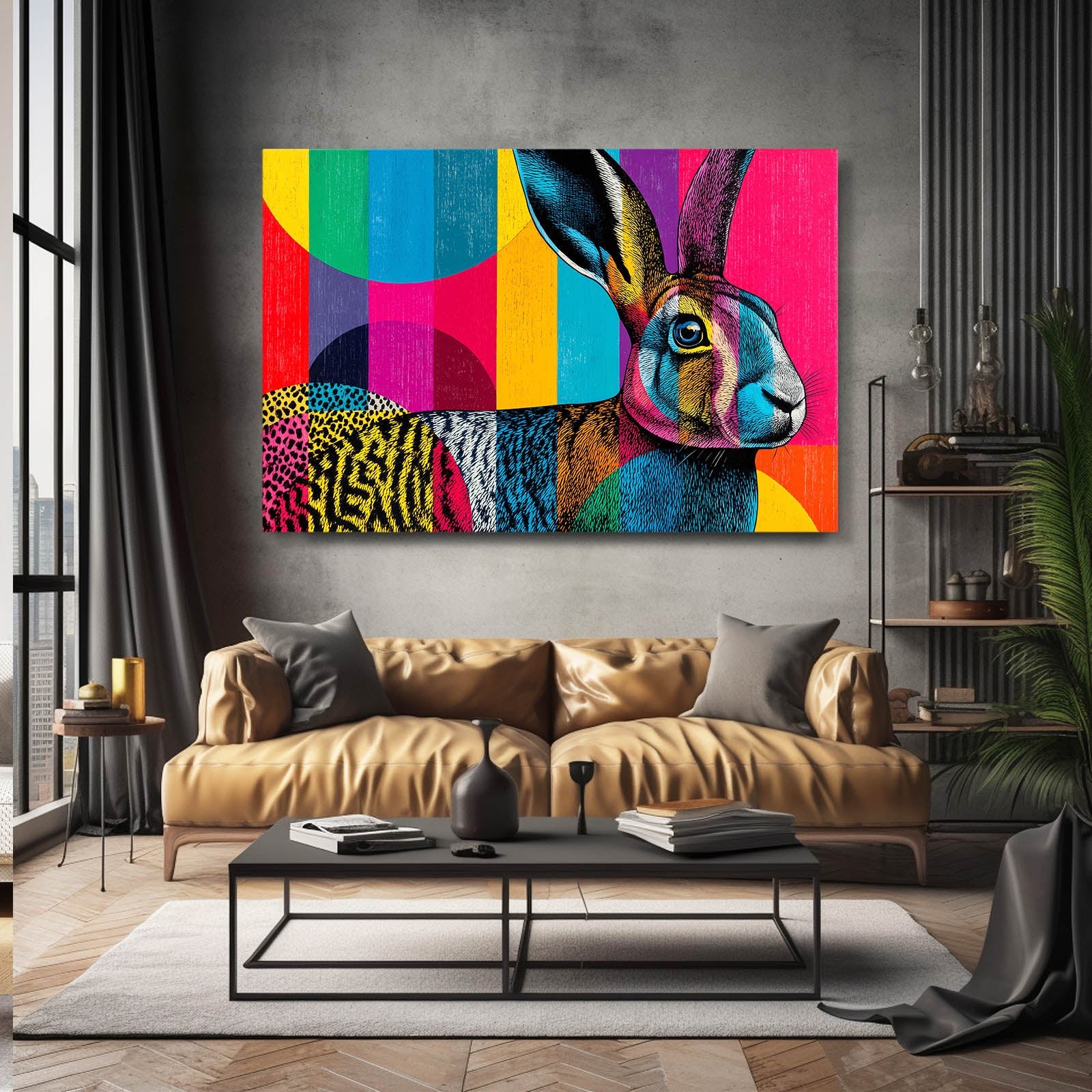 Colorful Rabbit Canvas Art – angled canvas view on white background