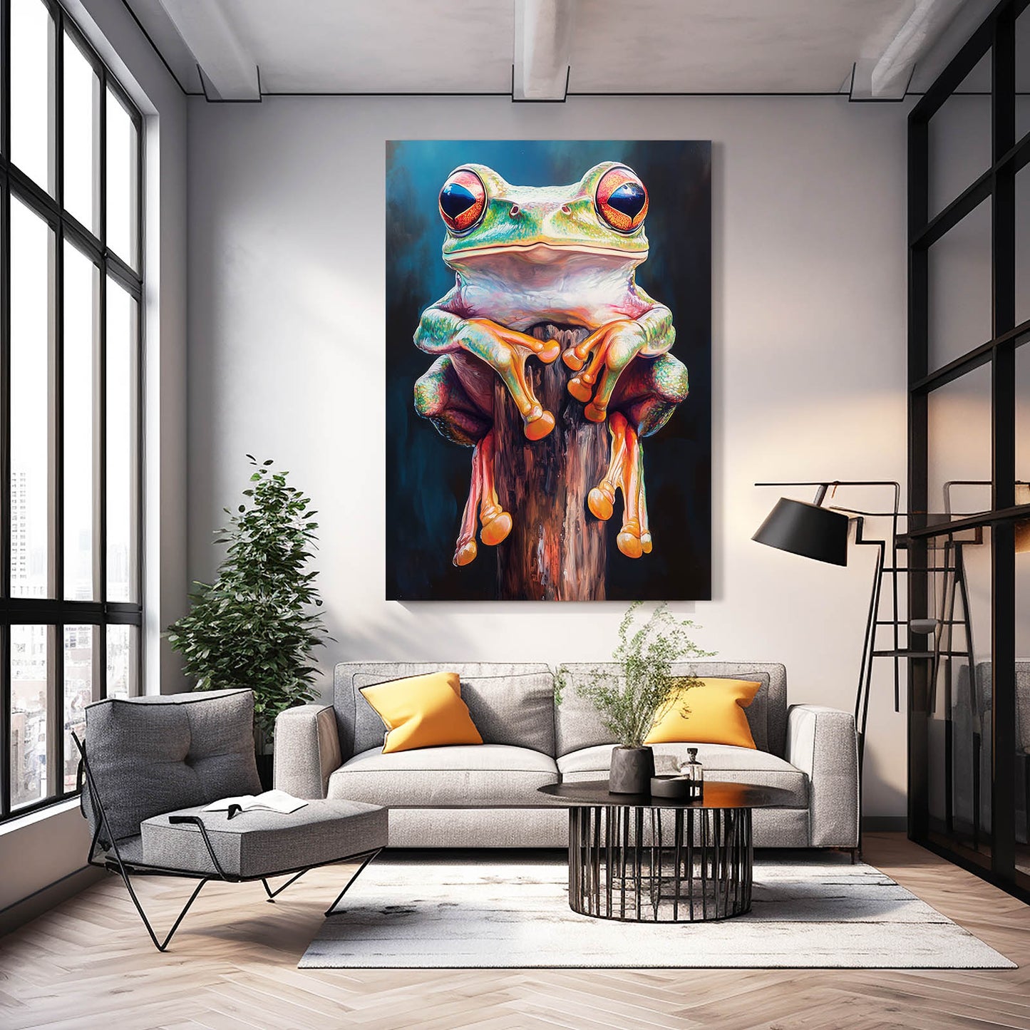 Colorful Stump Sitter Frog Art – styled in a furnished interior