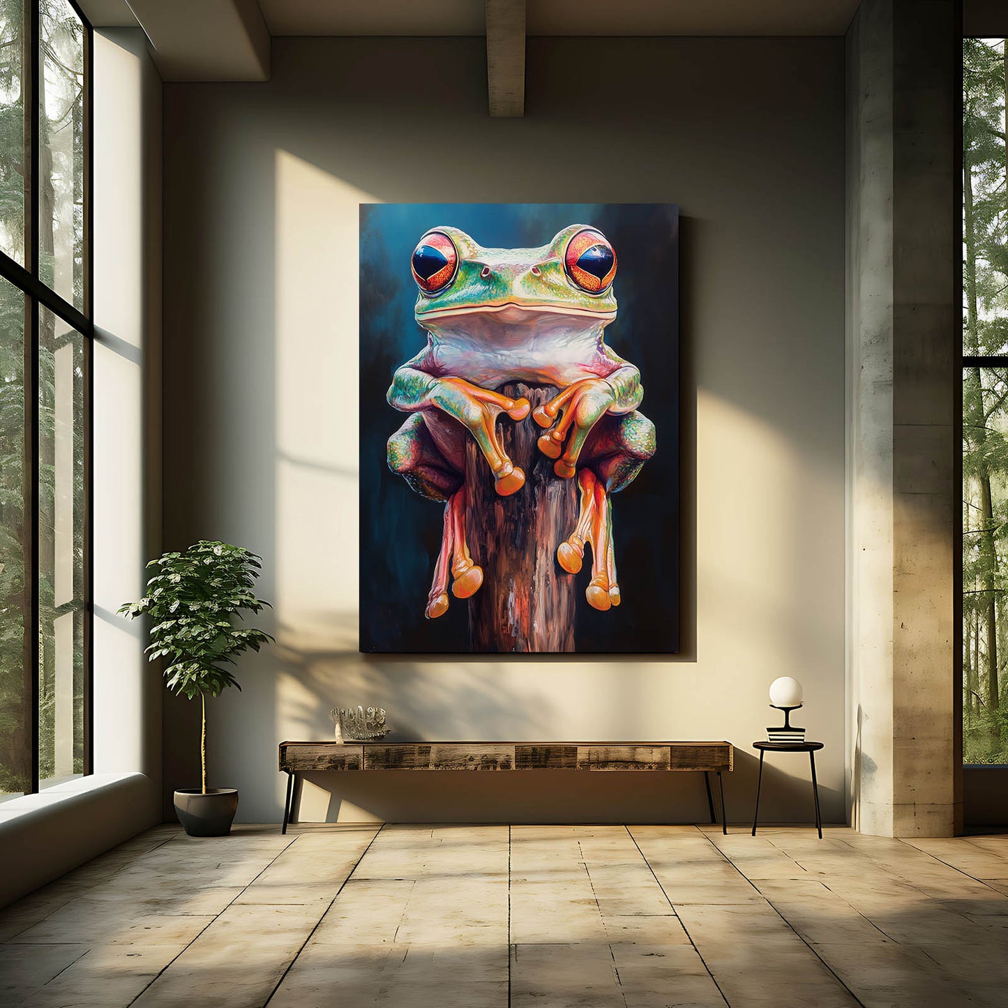 Colorful Stump Sitter Frog Art – styled in a furnished interior