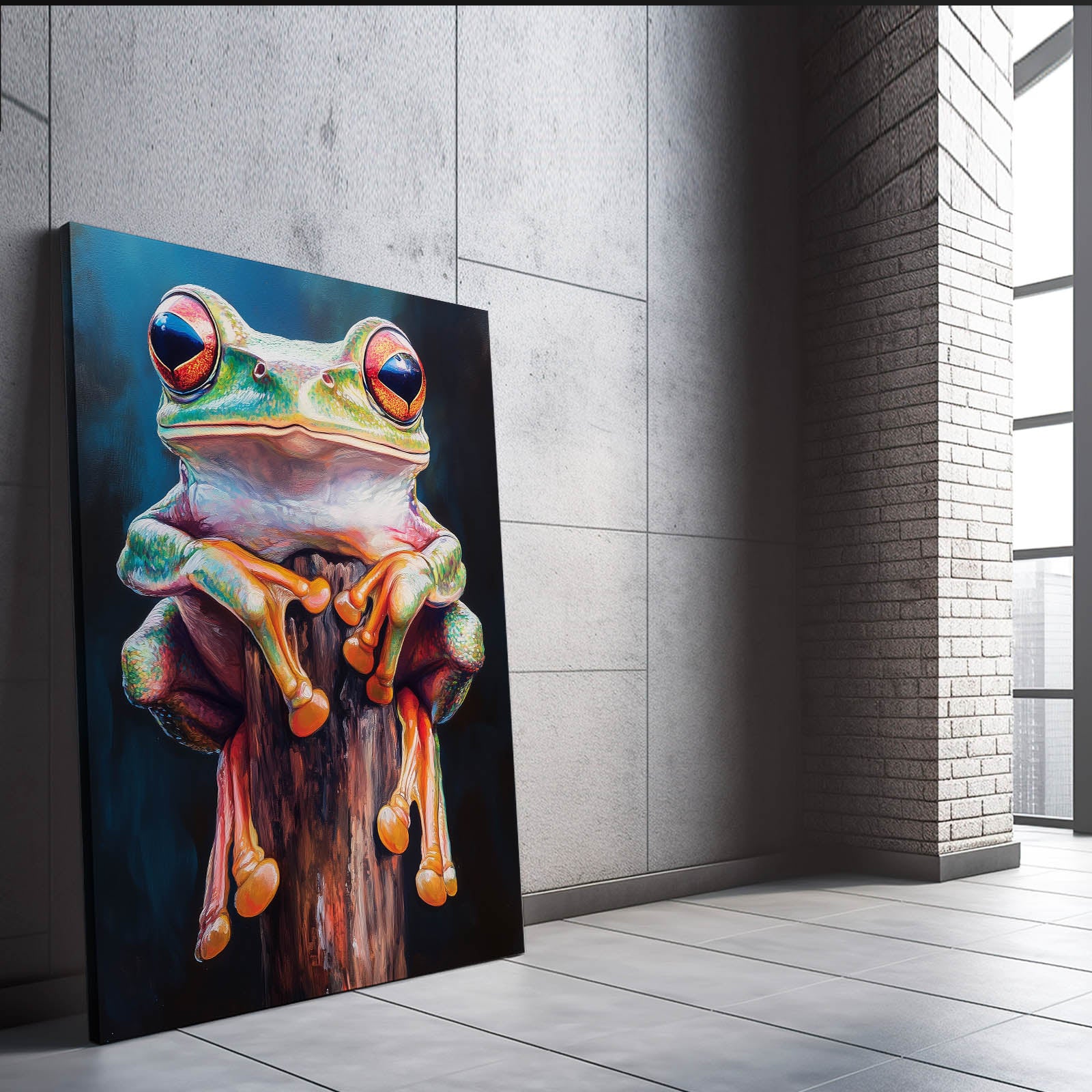 Colorful Stump Sitter Frog Art – styled in a furnished interior