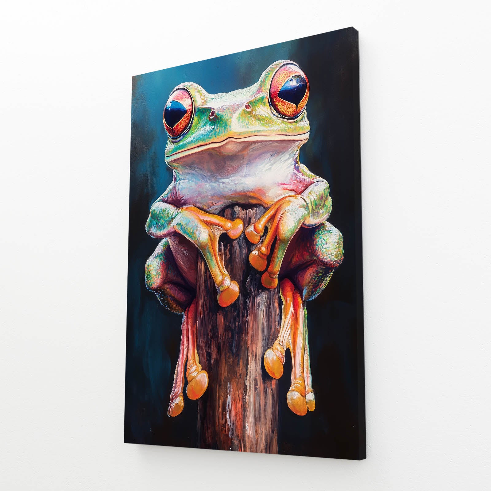 Colorful Stump Sitter Frog Art – angled canvas view on white background