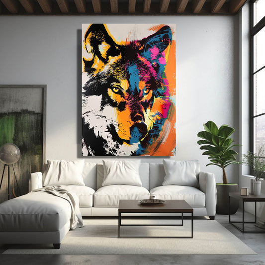 Colorful Wolf Art — pop art canvas print in orange tones, view 3