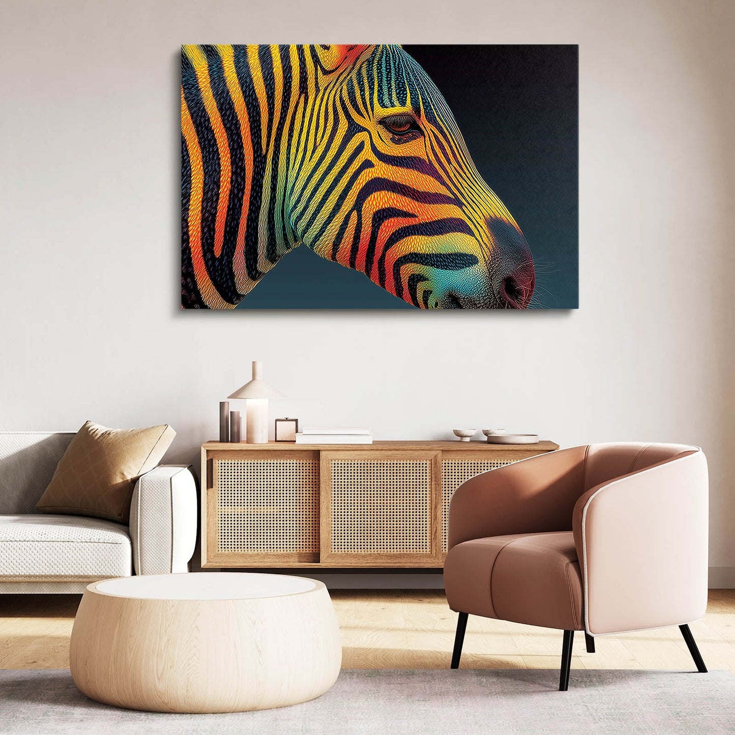 Colorful Zebra Art – styled in a furnished interior