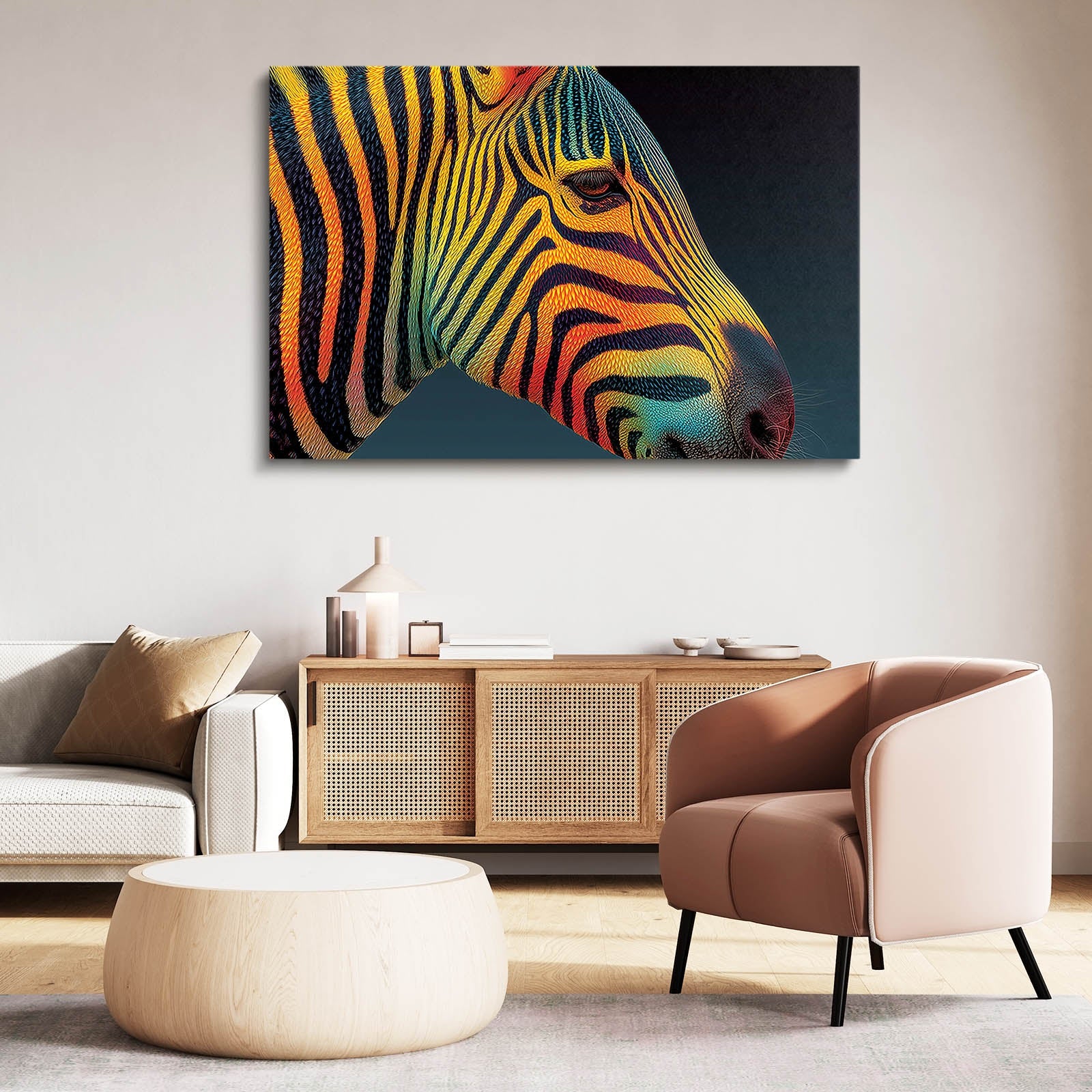 Colorful Zebra Art – styled in a furnished interior