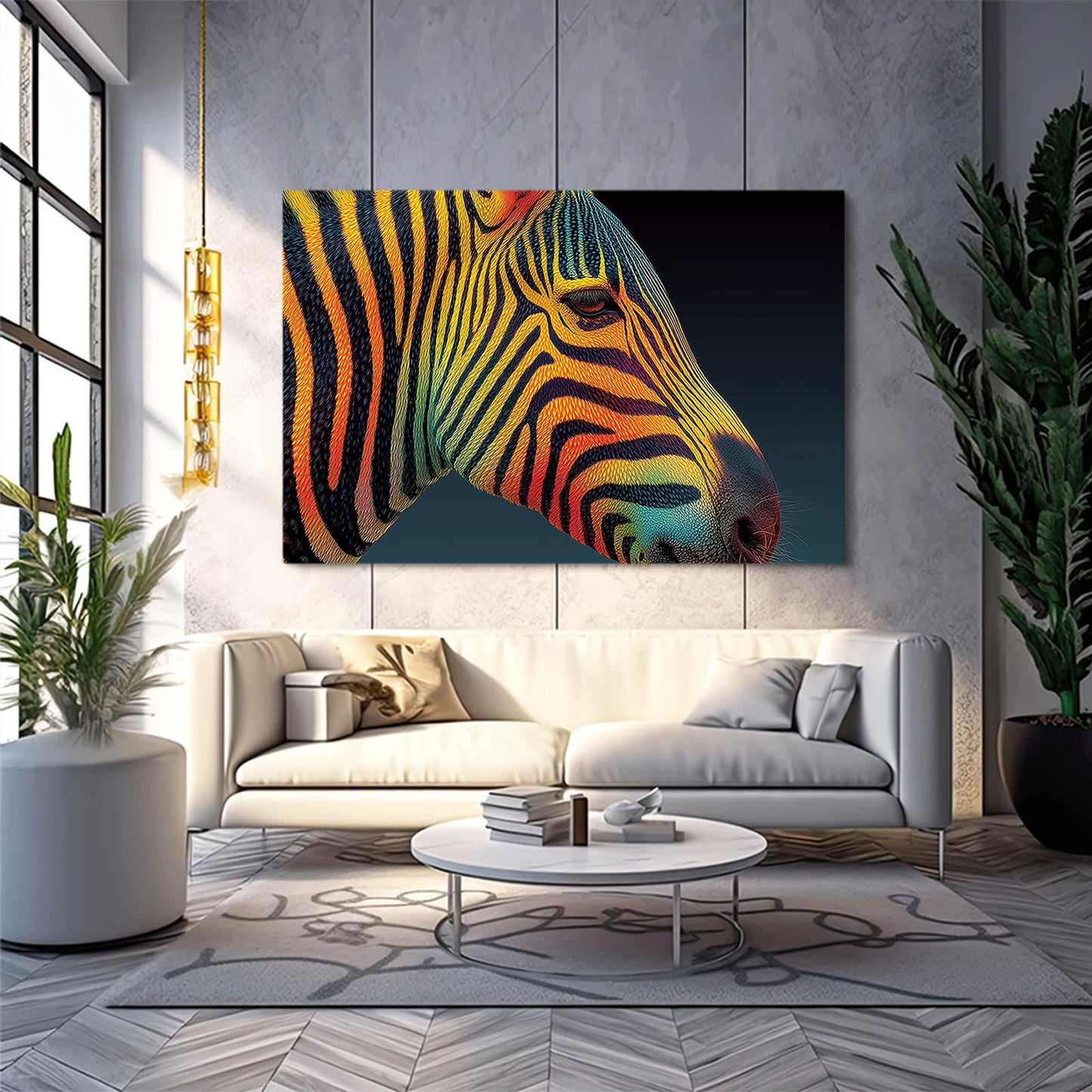 Colorful Zebra Art – styled in a furnished interior
