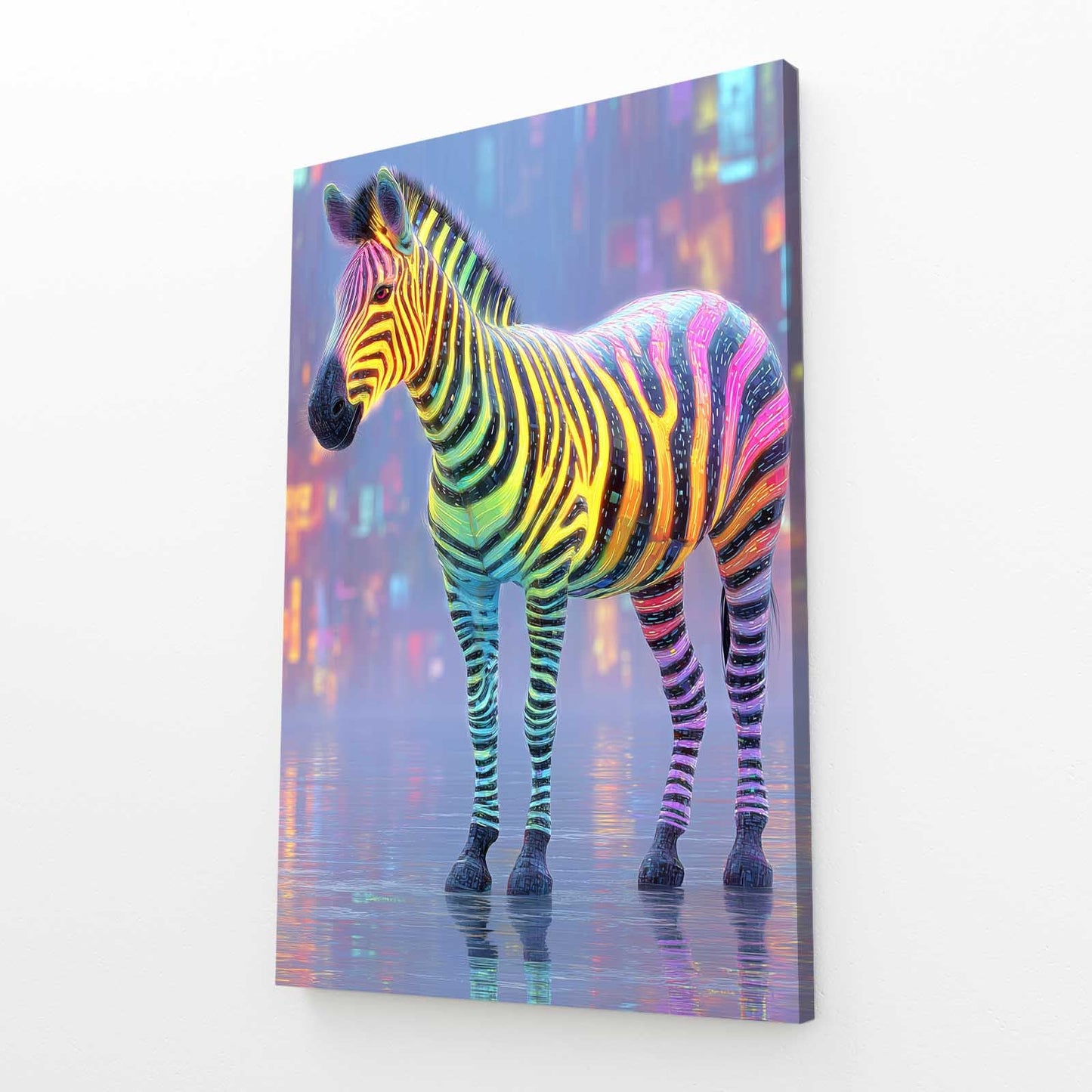 Colorful Zebra Artwork – angled canvas view on white background