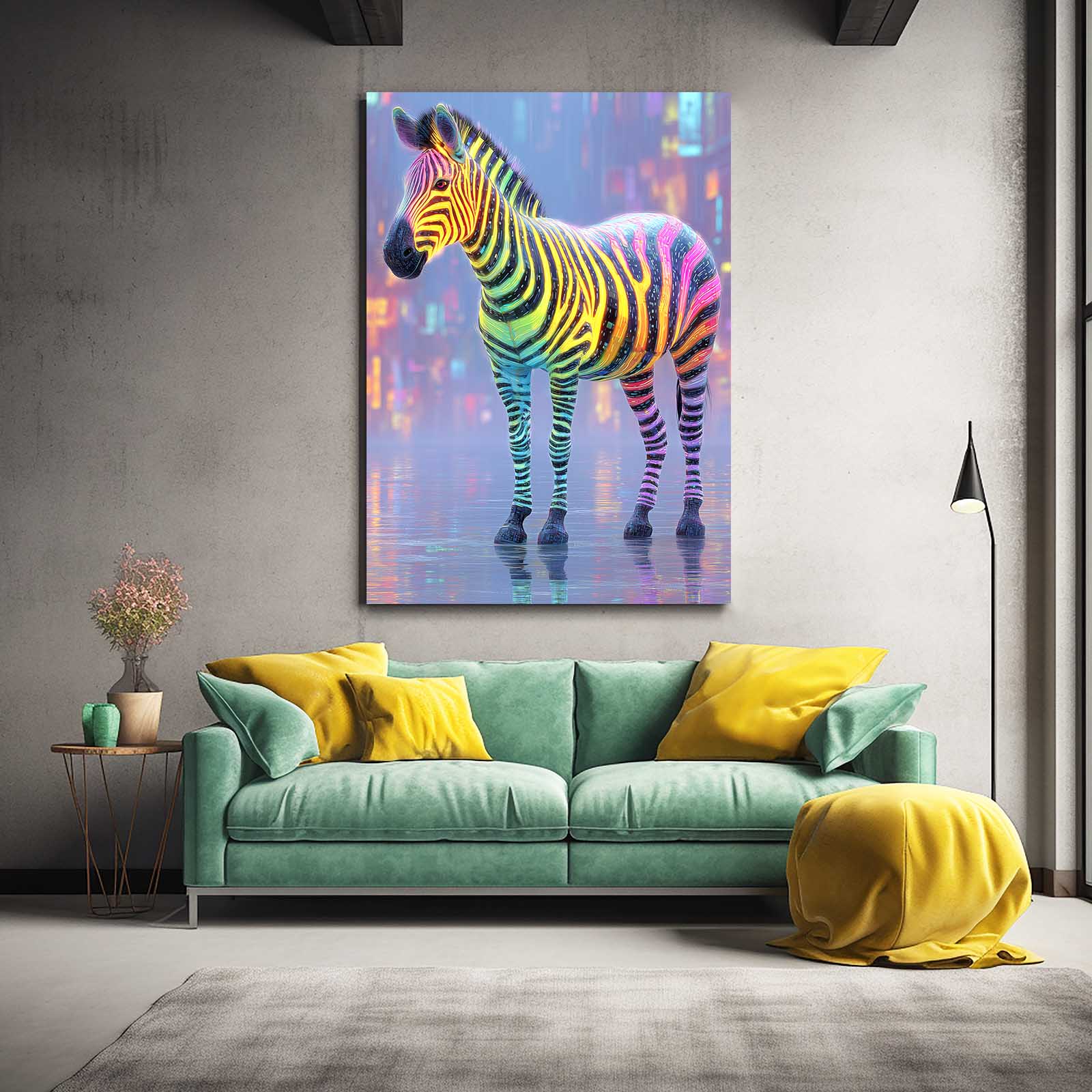 Colorful Zebra Artwork – styled in a furnished interior