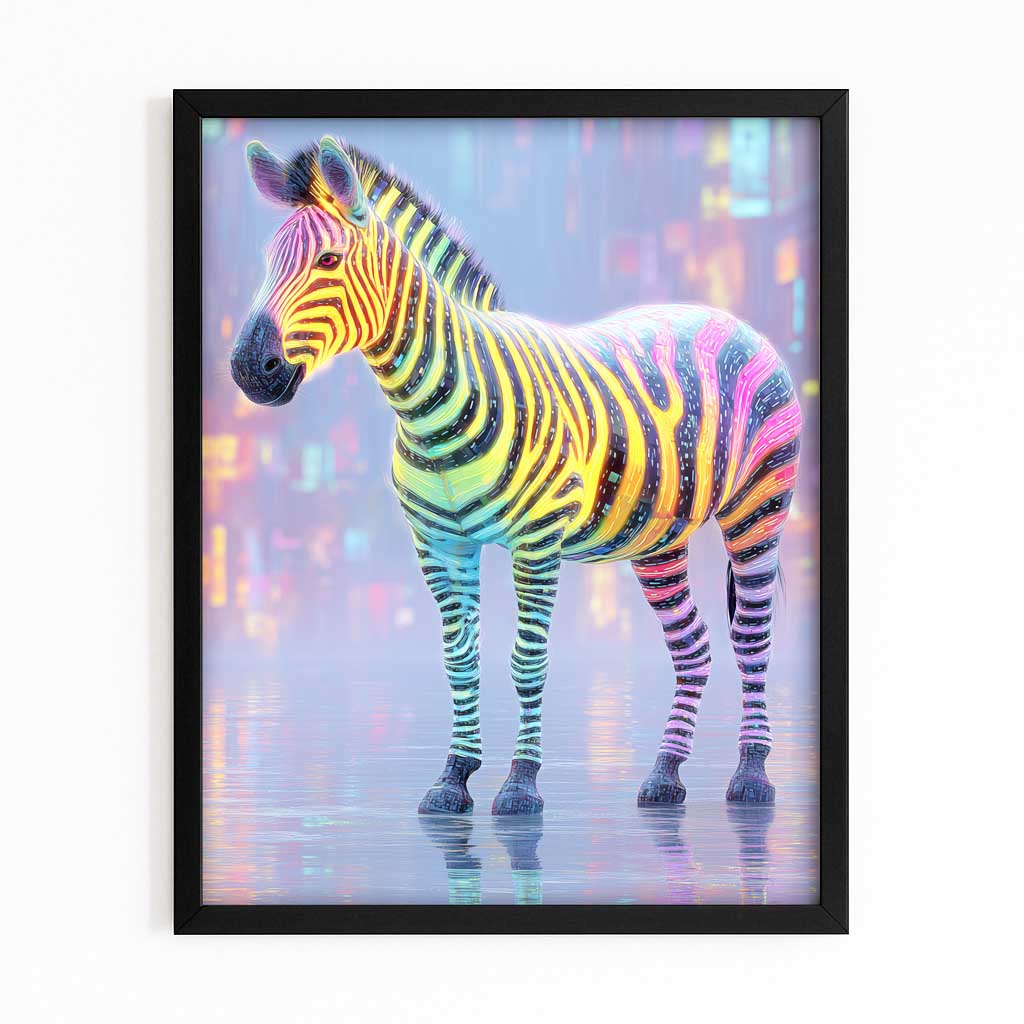 Colorful Zebra Artwork – with Premium Black frame on white background