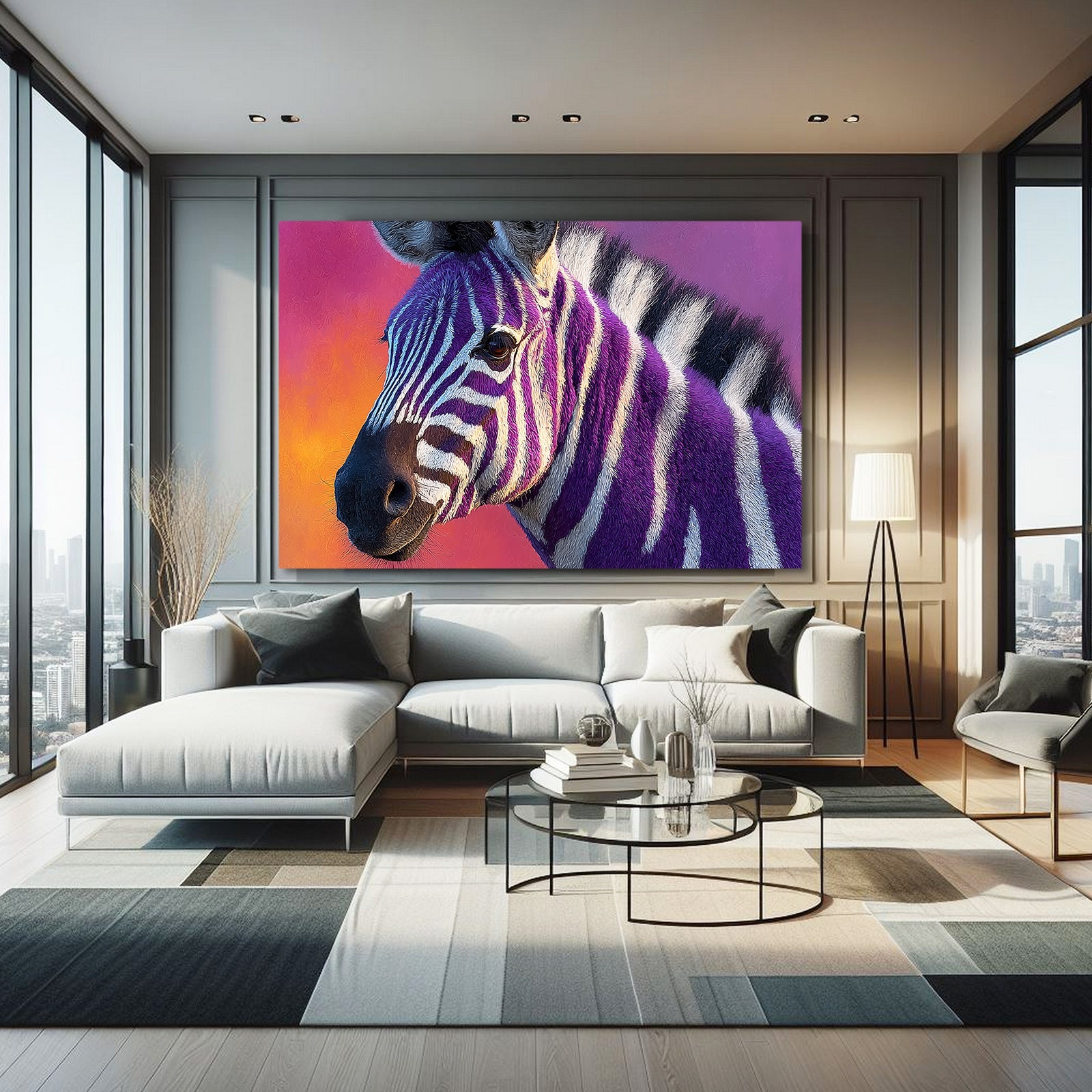 Colorful Zebra Canvas Art – styled in a furnished interior