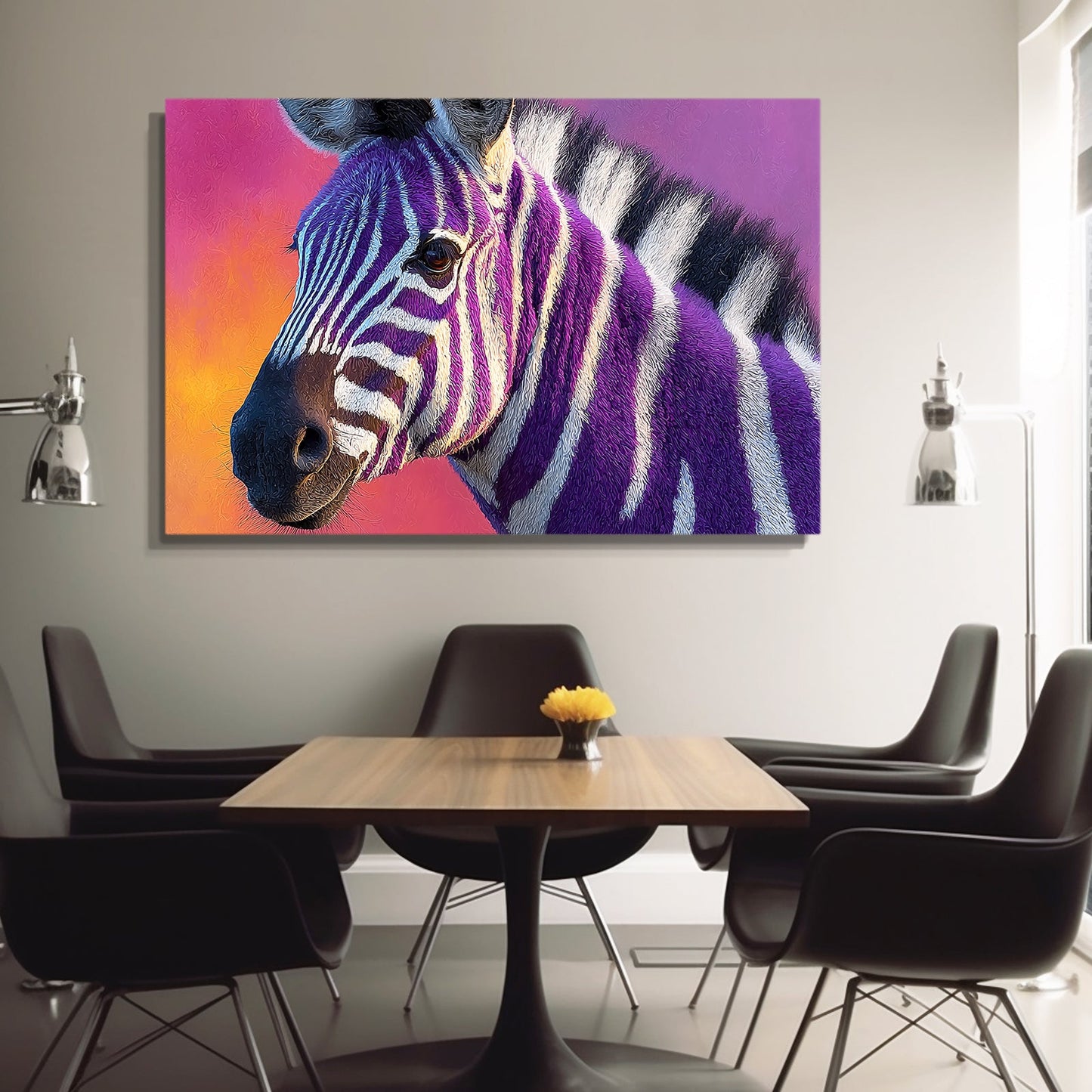 Colorful Zebra Canvas Art – styled in a furnished interior