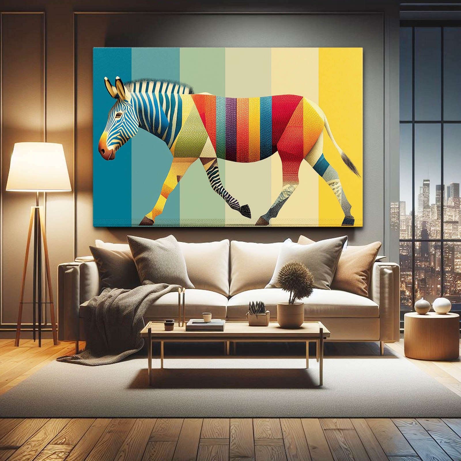 Colorful Zebra Wall Art – styled in a furnished interior