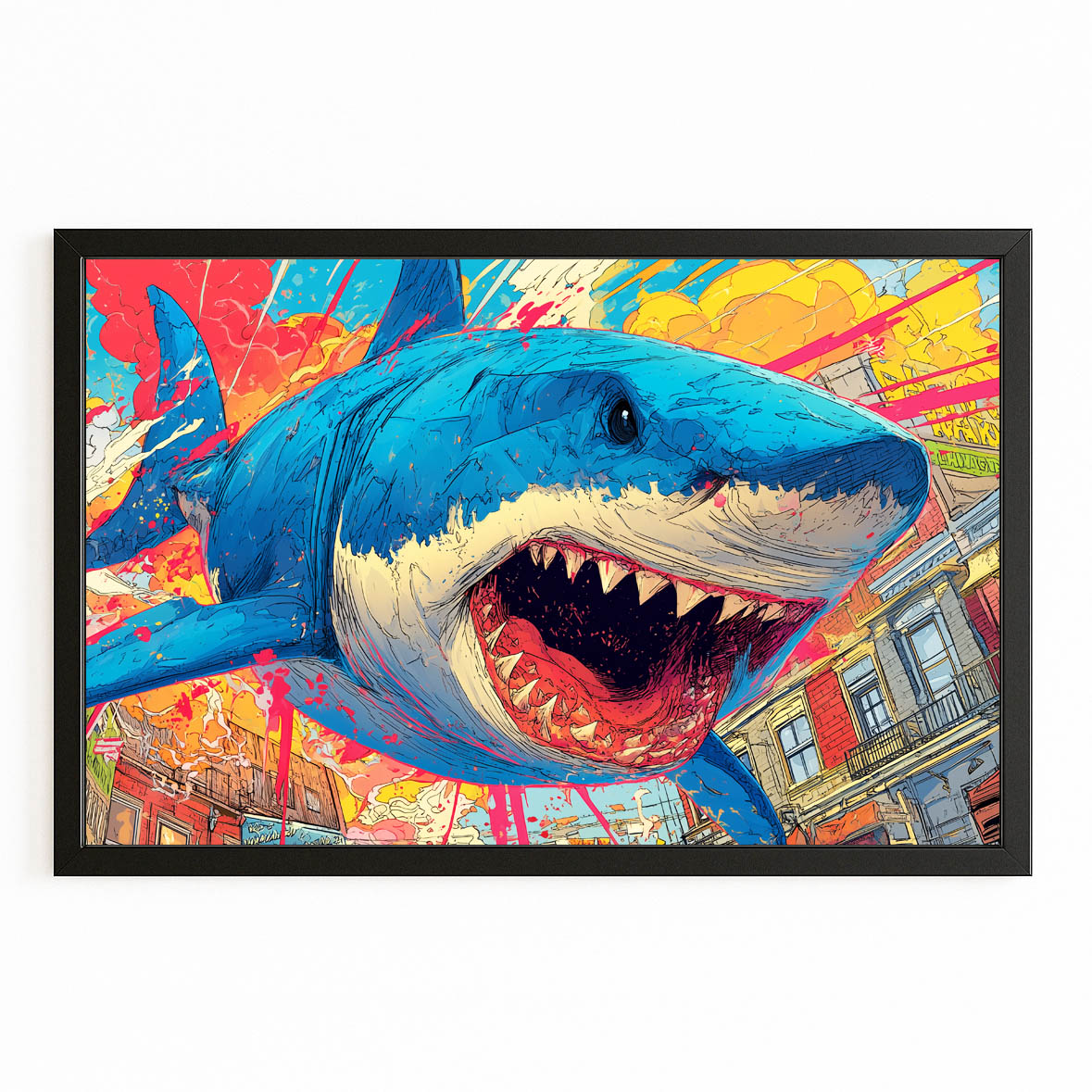 Comic Pop Art Shark Canvas – with Premium Black frame on white background