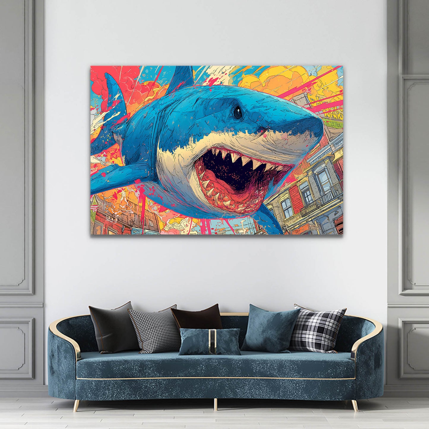 Comic Pop Art Shark Canvas – styled in a furnished interior