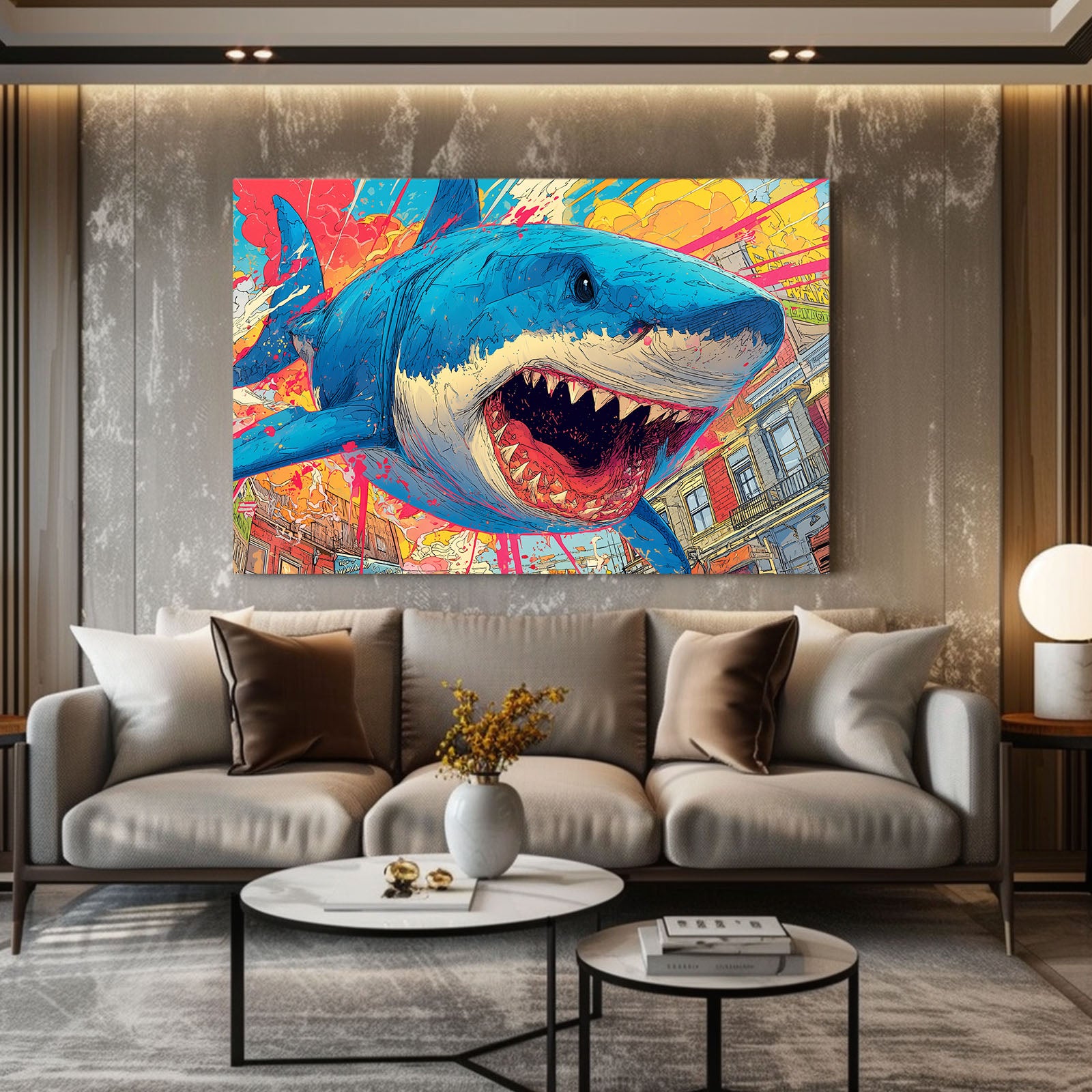 Comic Pop Art Shark Canvas – styled in a furnished interior