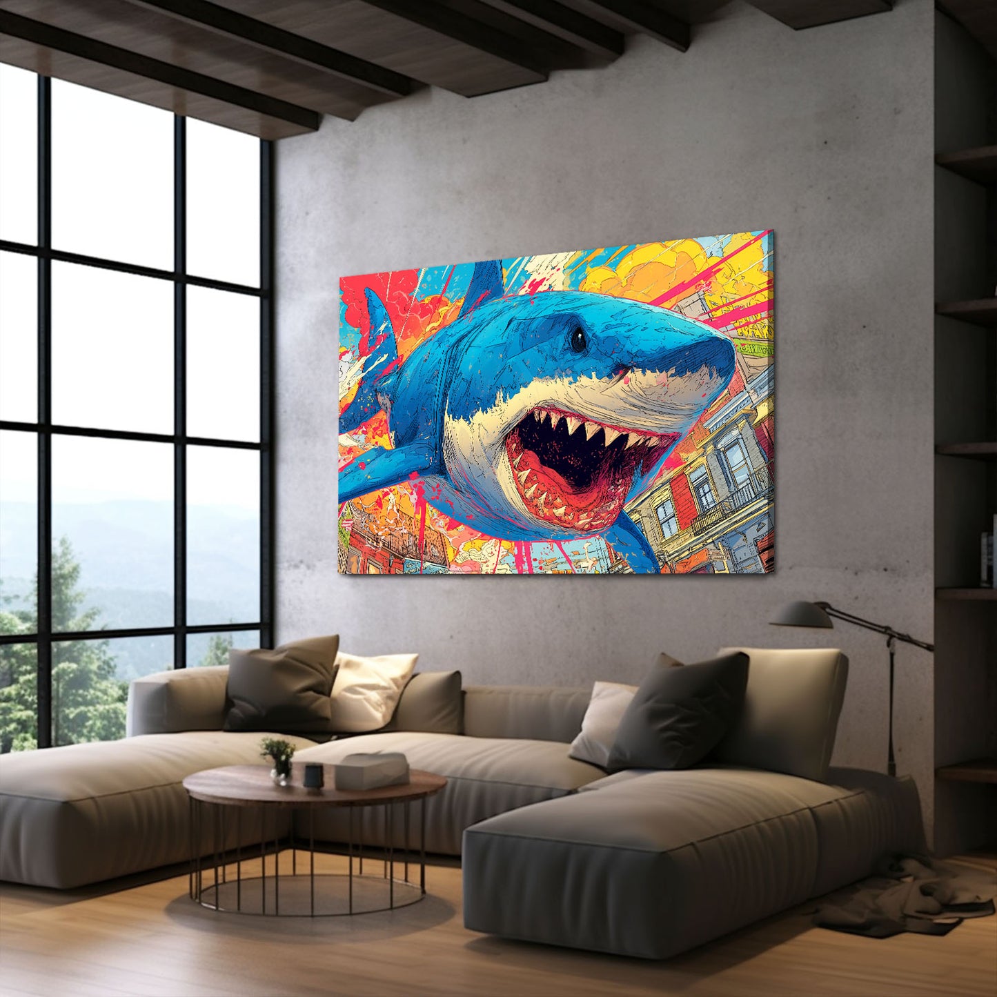 Comic Pop Art Shark Canvas – styled in a furnished interior