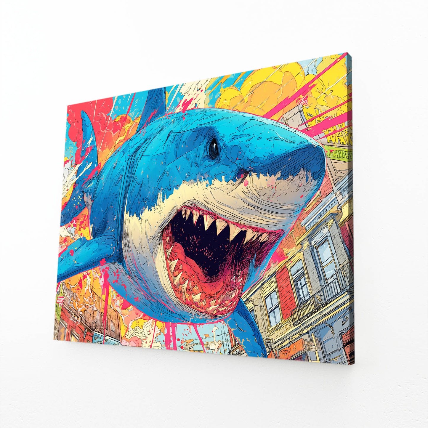 Comic Pop Art Shark Canvas – angled canvas view on white background