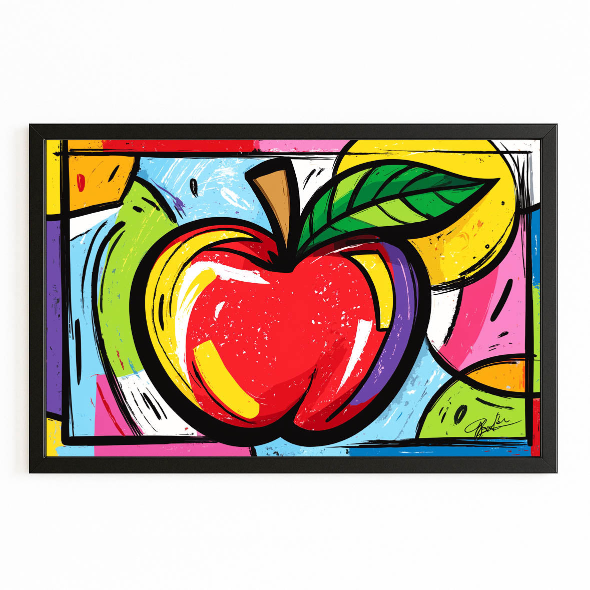 Comic Pop Burst Apple Canvas – with Premium Black frame on white background
