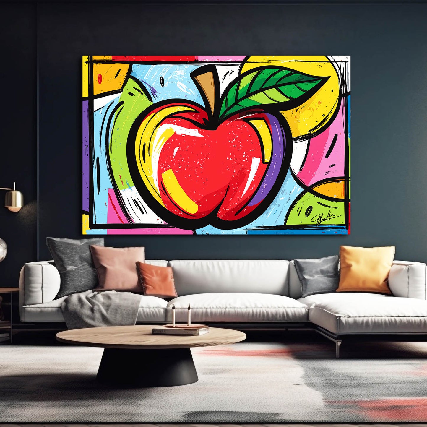 Comic Pop Burst Apple Canvas – styled in a furnished interior