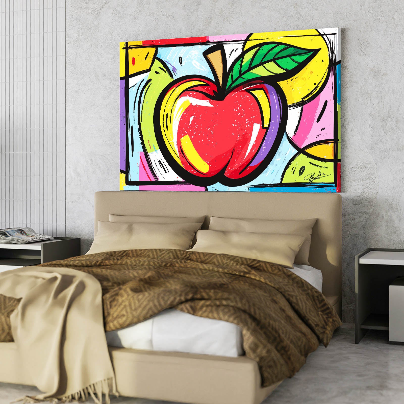 Comic Pop Burst Apple Canvas – styled in a furnished interior