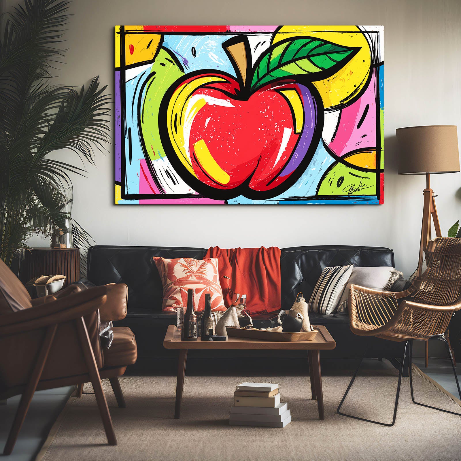 Comic Pop Burst Apple Canvas – styled in a furnished interior