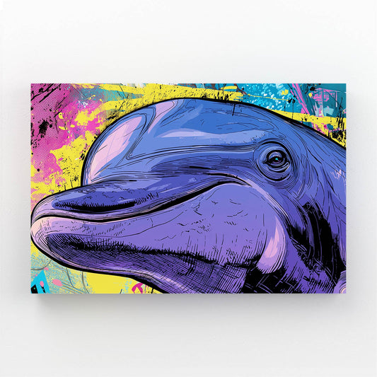 Comic Purple Dolphin Artwork – purple comic-style dolphin head on a colorful graffiti collage background