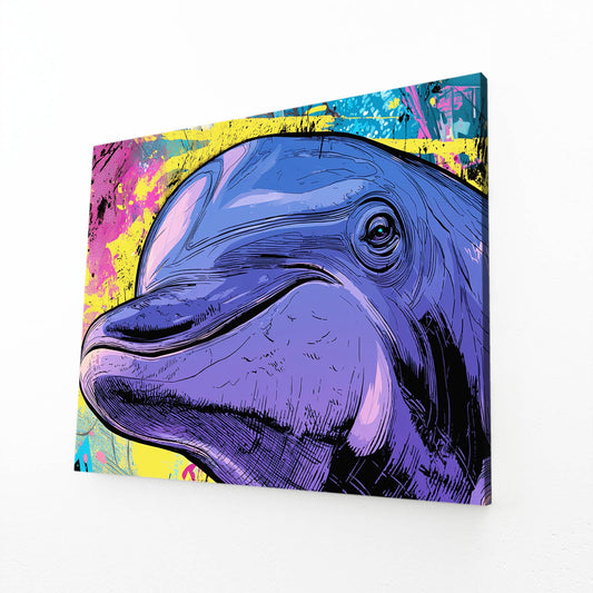 Comic Purple Dolphin Artwork – angled canvas view on white background