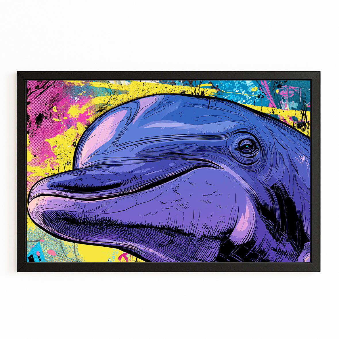 Comic Purple Dolphin Artwork – with Premium Black wood frame on white background