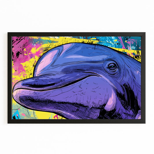 Comic Purple Dolphin Artwork – with Premium Black wood frame on white background