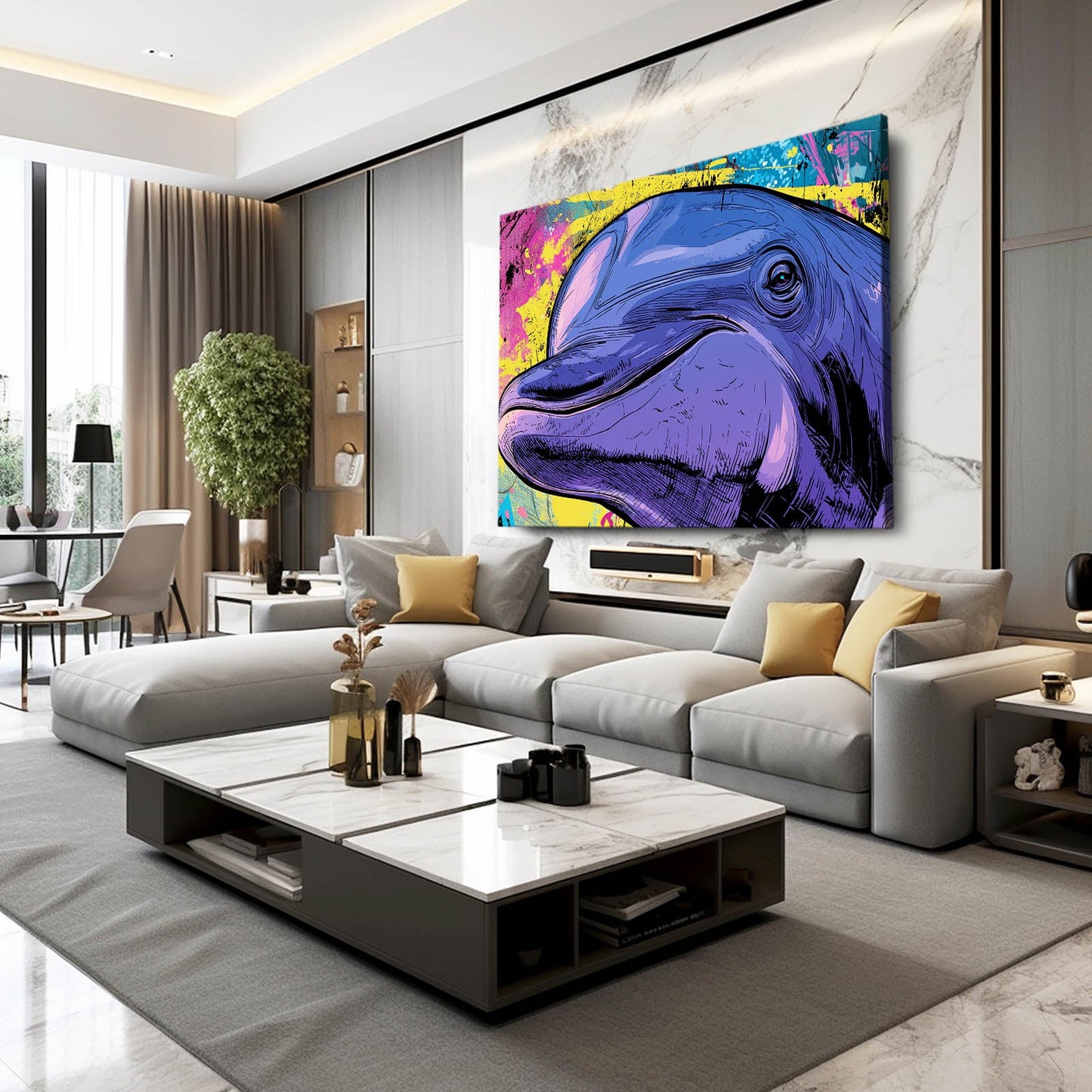 Comic Purple Dolphin Artwork – styled in a furnished interior