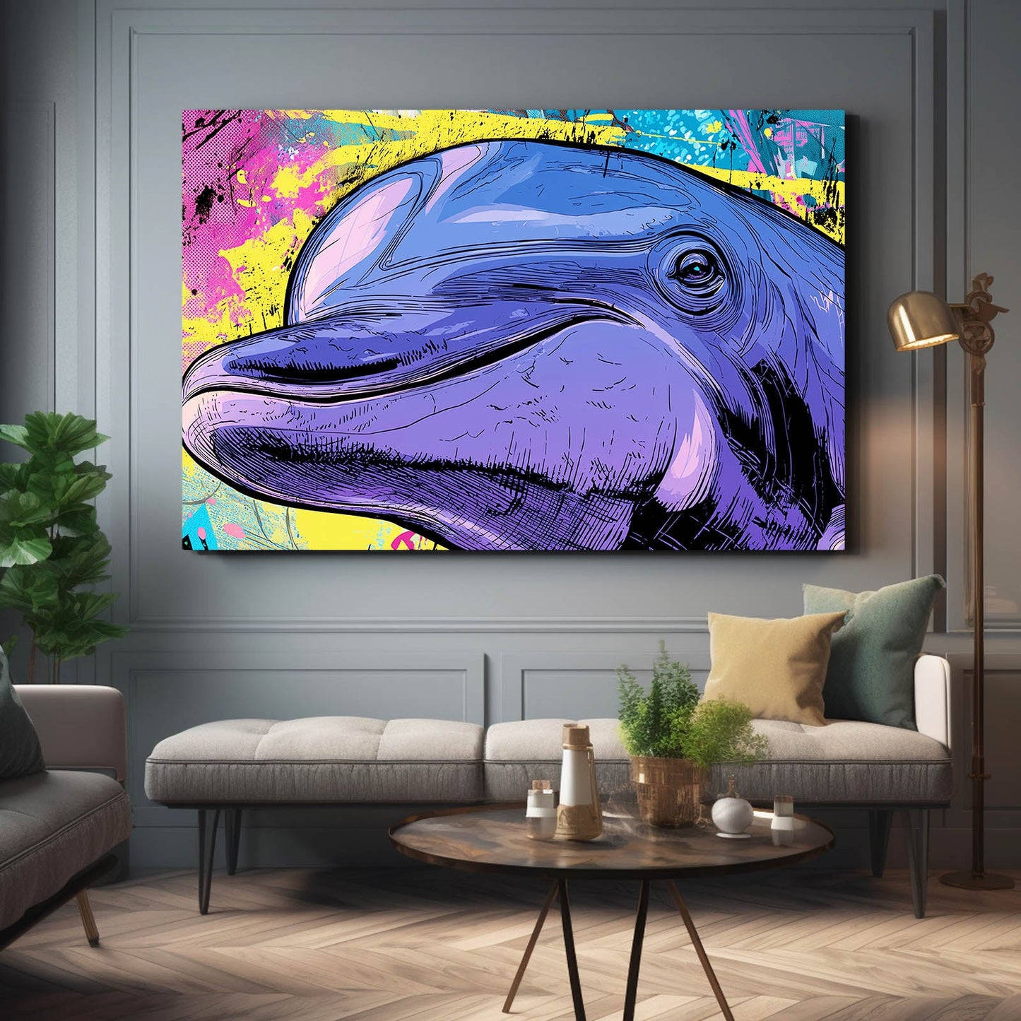 Comic Purple Dolphin Artwork – styled in a furnished interior