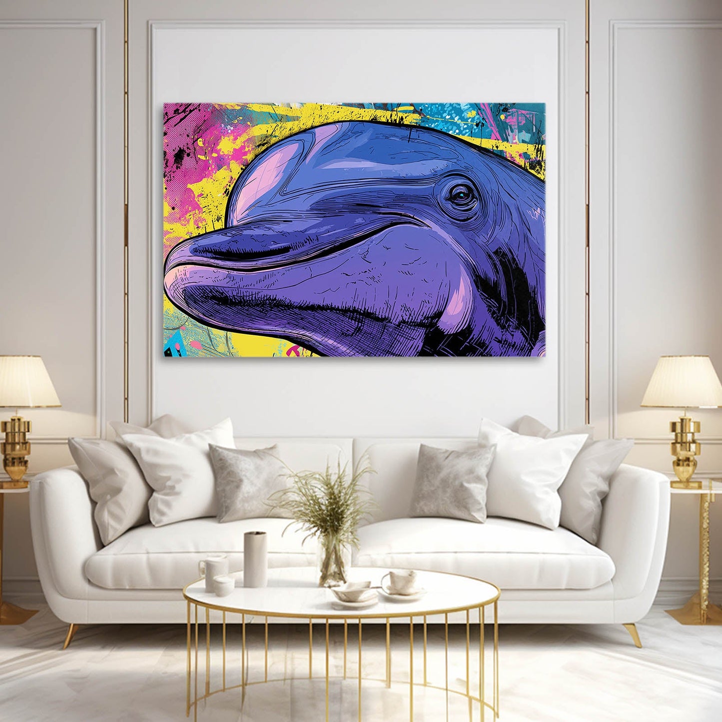 Comic Purple Dolphin Artwork – styled in a furnished interior