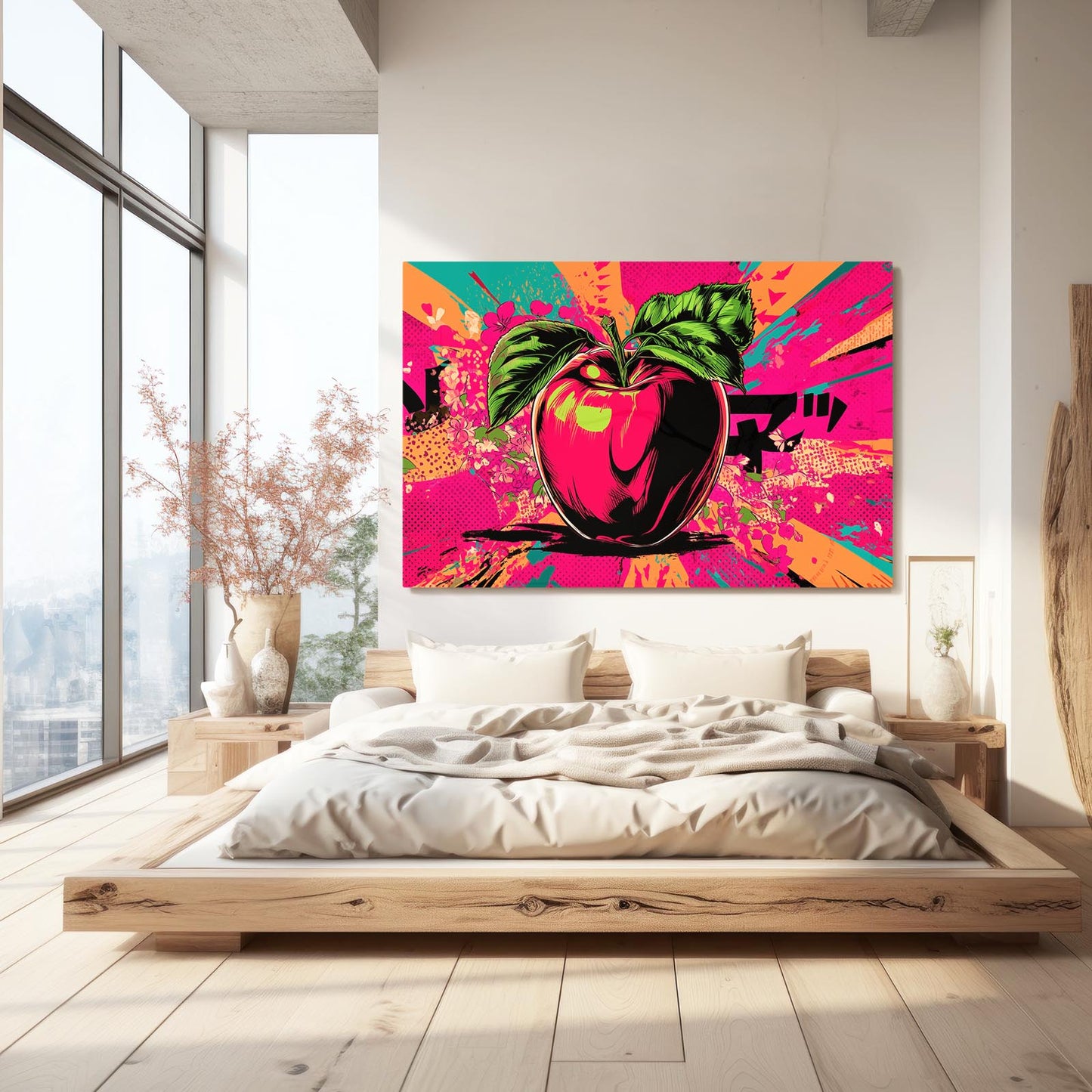 Comic Splash Apple Art – styled in a furnished interior
