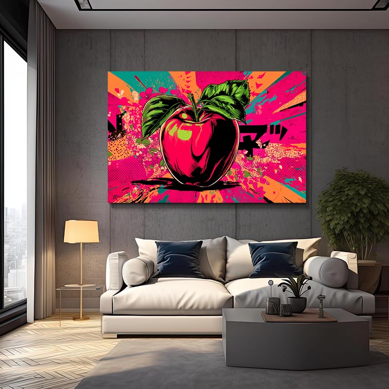 Comic Splash Apple Art – styled in a furnished interior