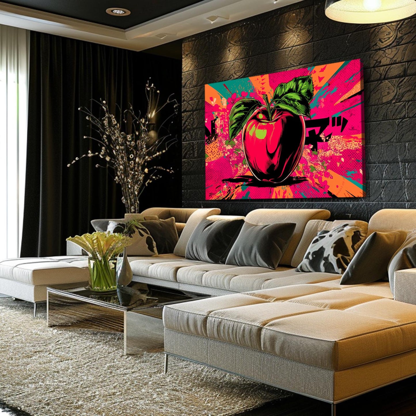Comic Splash Apple Art – styled in a furnished interior