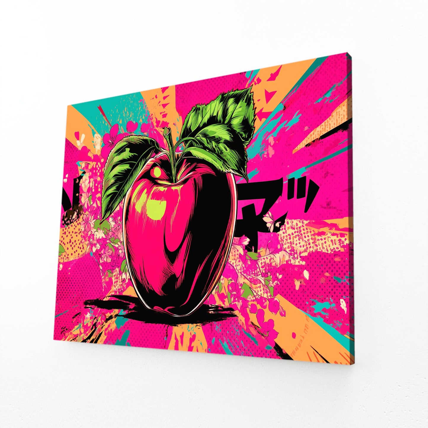 Comic Splash Apple Art – angled canvas view on white background