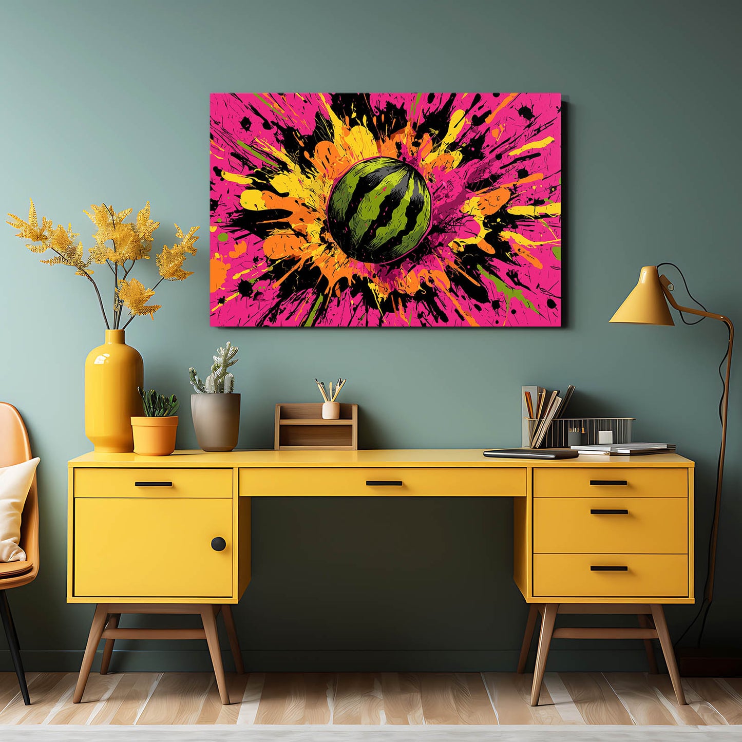 Comic Watermelon Burst Fruit Art – styled in a furnished interior