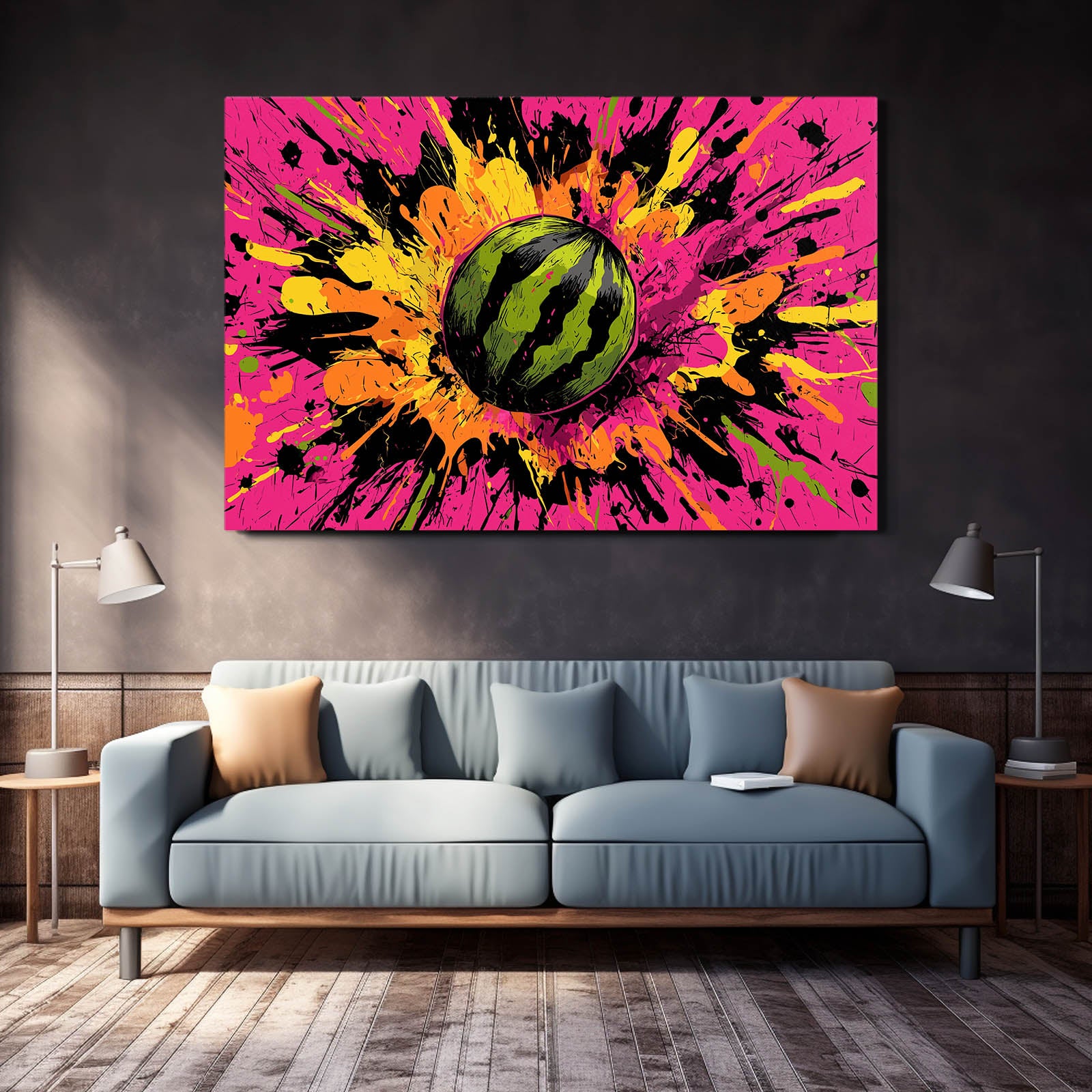Comic Watermelon Burst Fruit Art – styled in a furnished interior