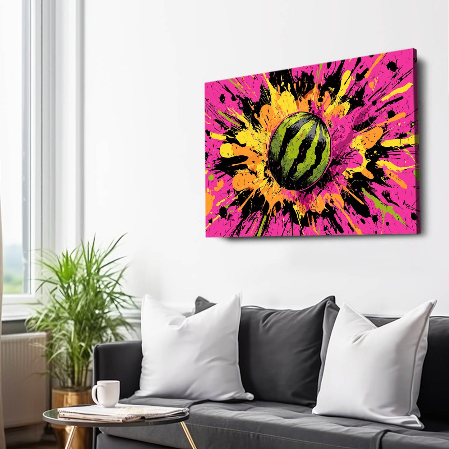 Comic Watermelon Burst Fruit Art – styled in a furnished interior