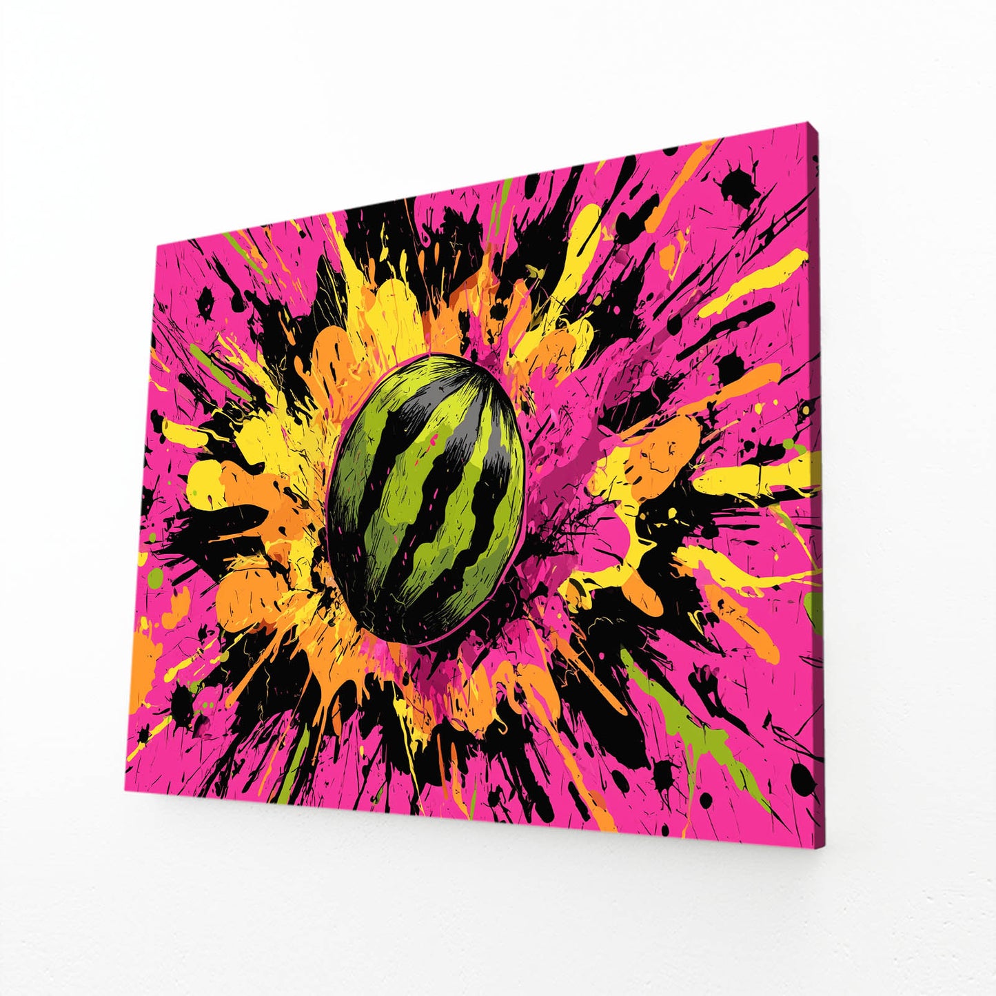 Comic Watermelon Burst Fruit Art – angled canvas view on white background