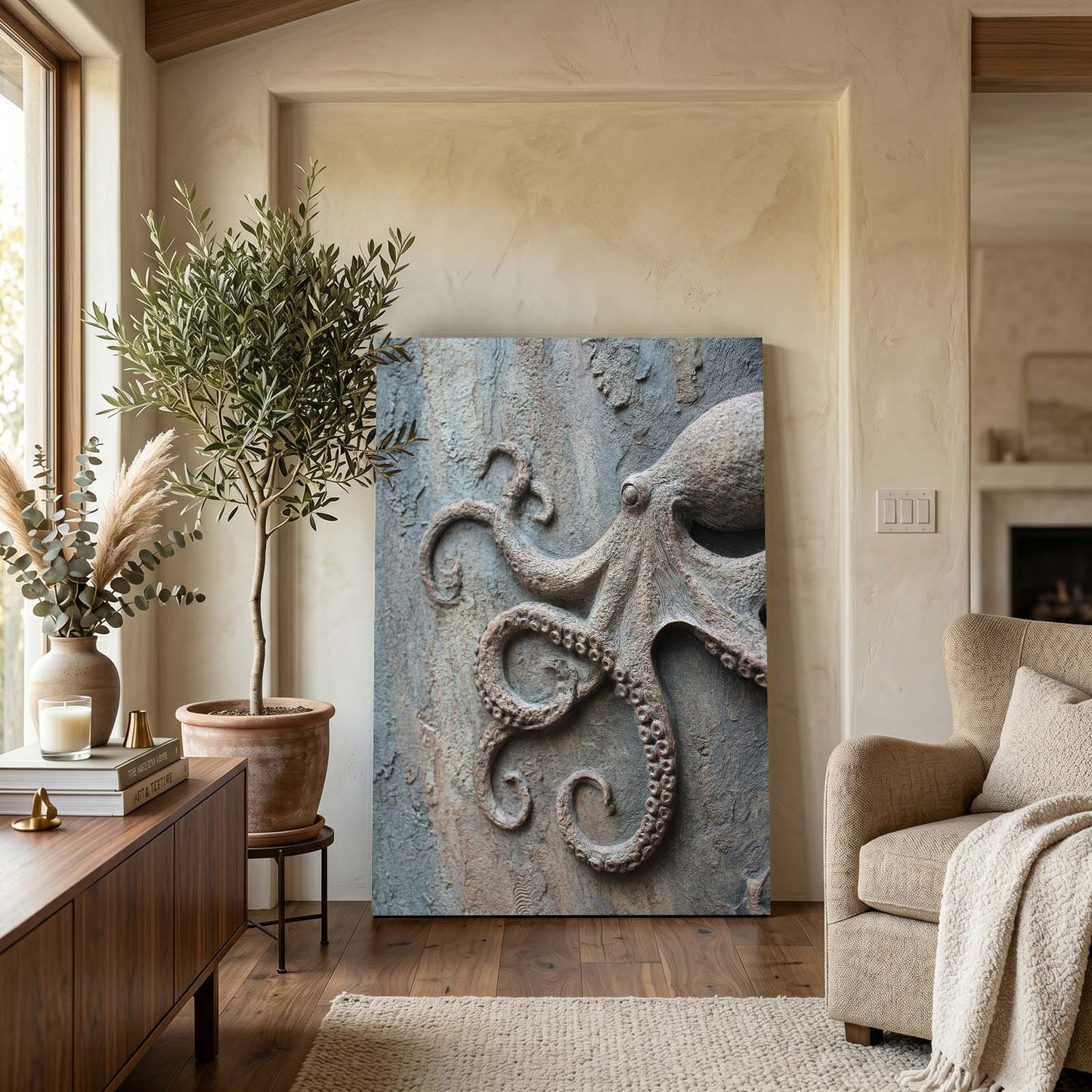 Concrete Relief Octopus Prints – styled in a furnished interior