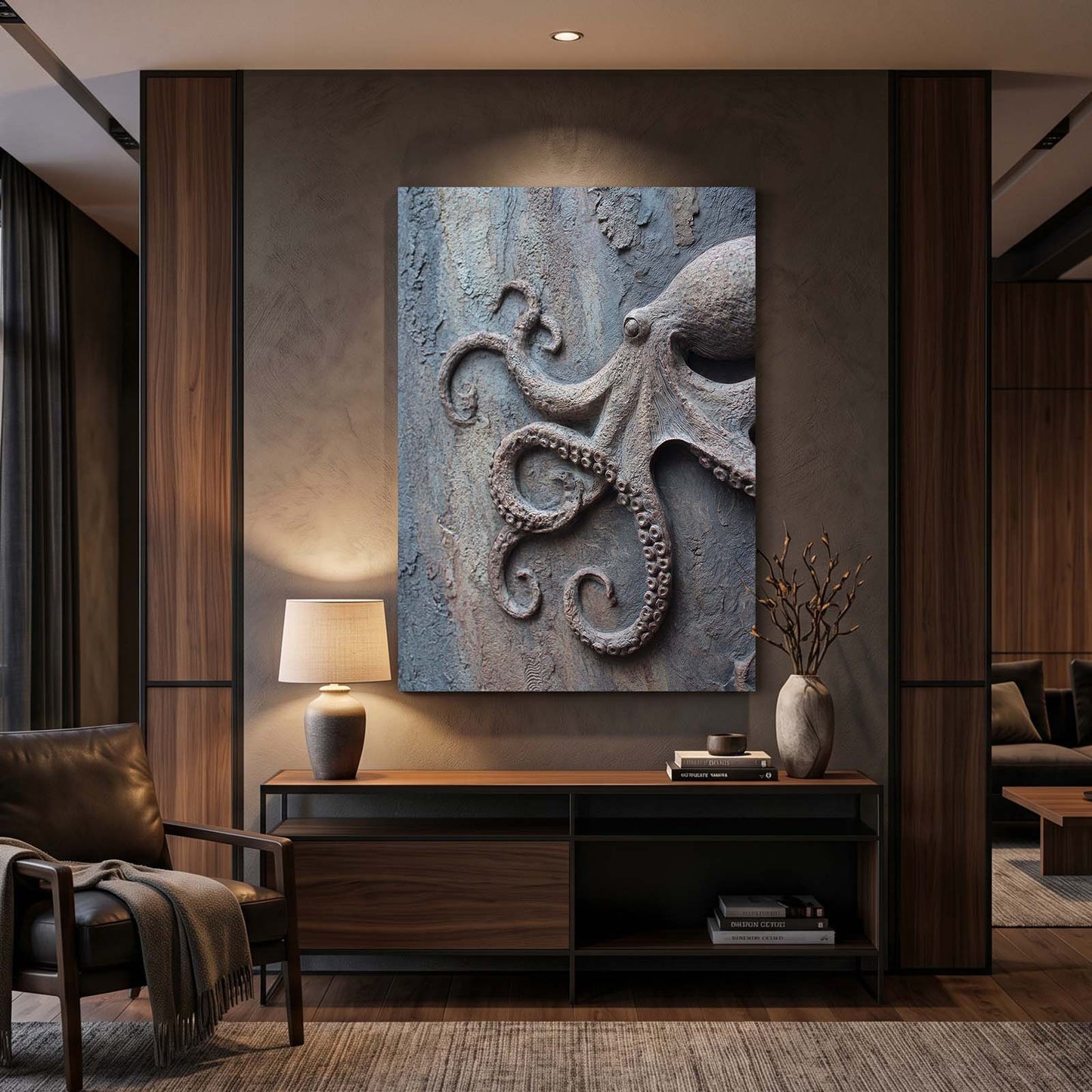 Concrete Relief Octopus Prints – styled in a furnished interior