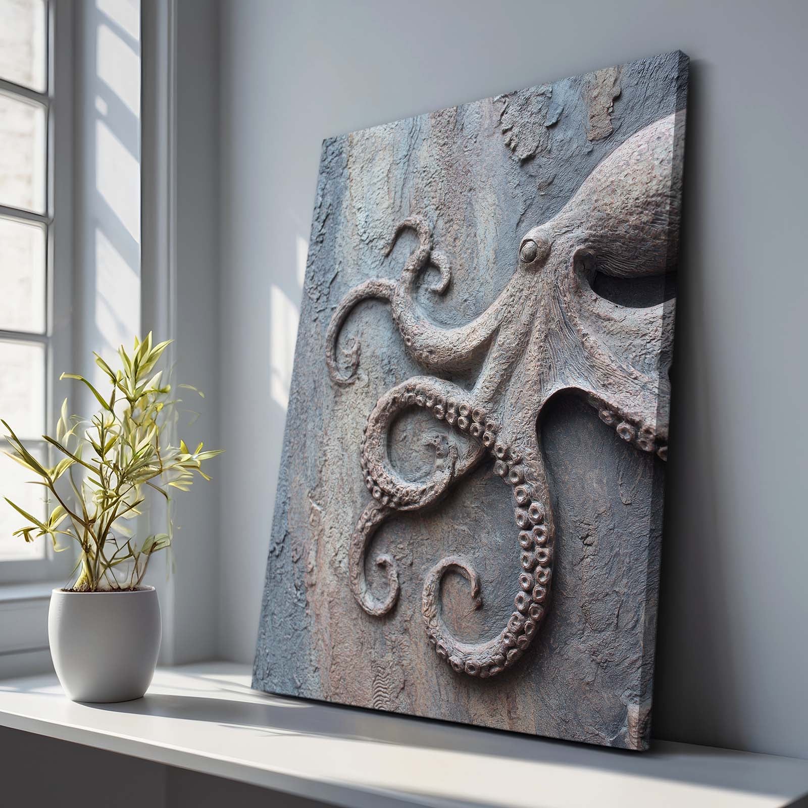 Concrete Relief Octopus Prints – styled in a furnished interior