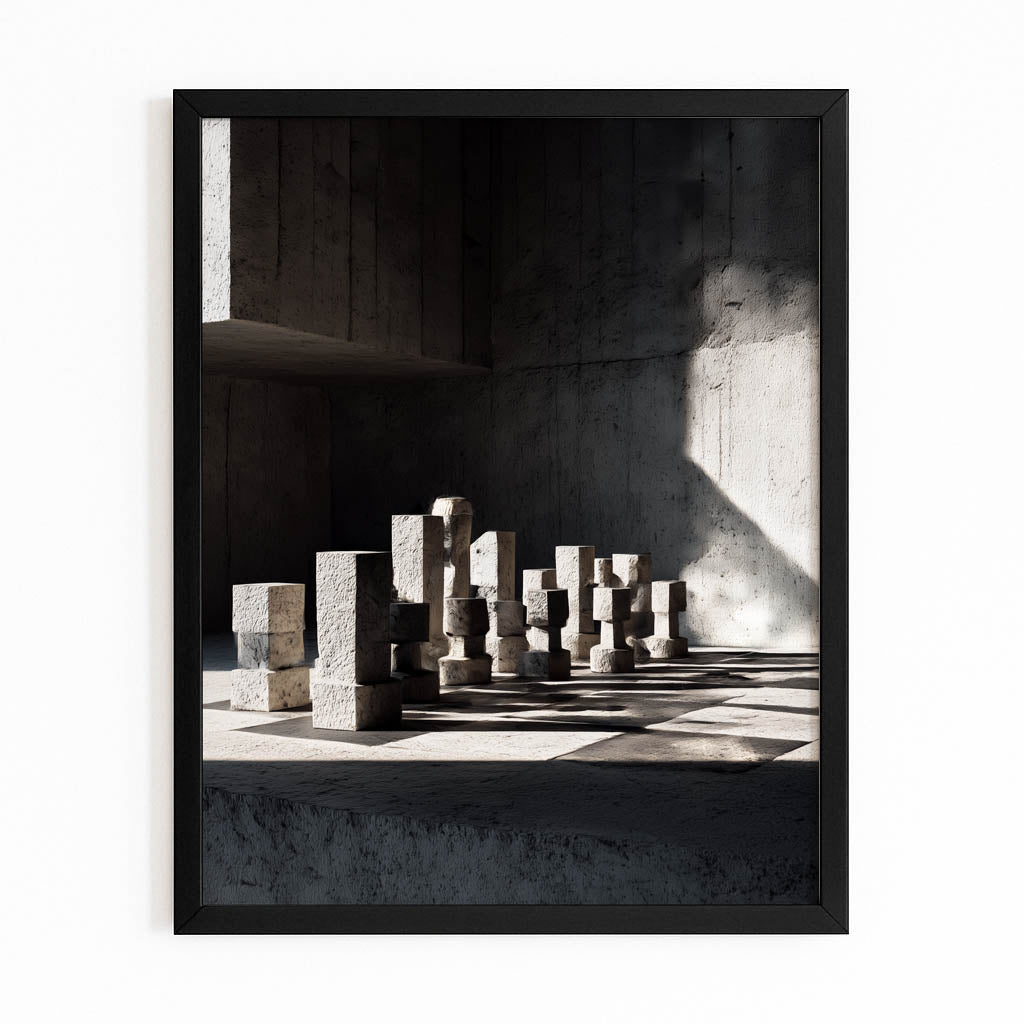 Concrete Shadow Set Chess Canvas – with Premium Black frame on white background
